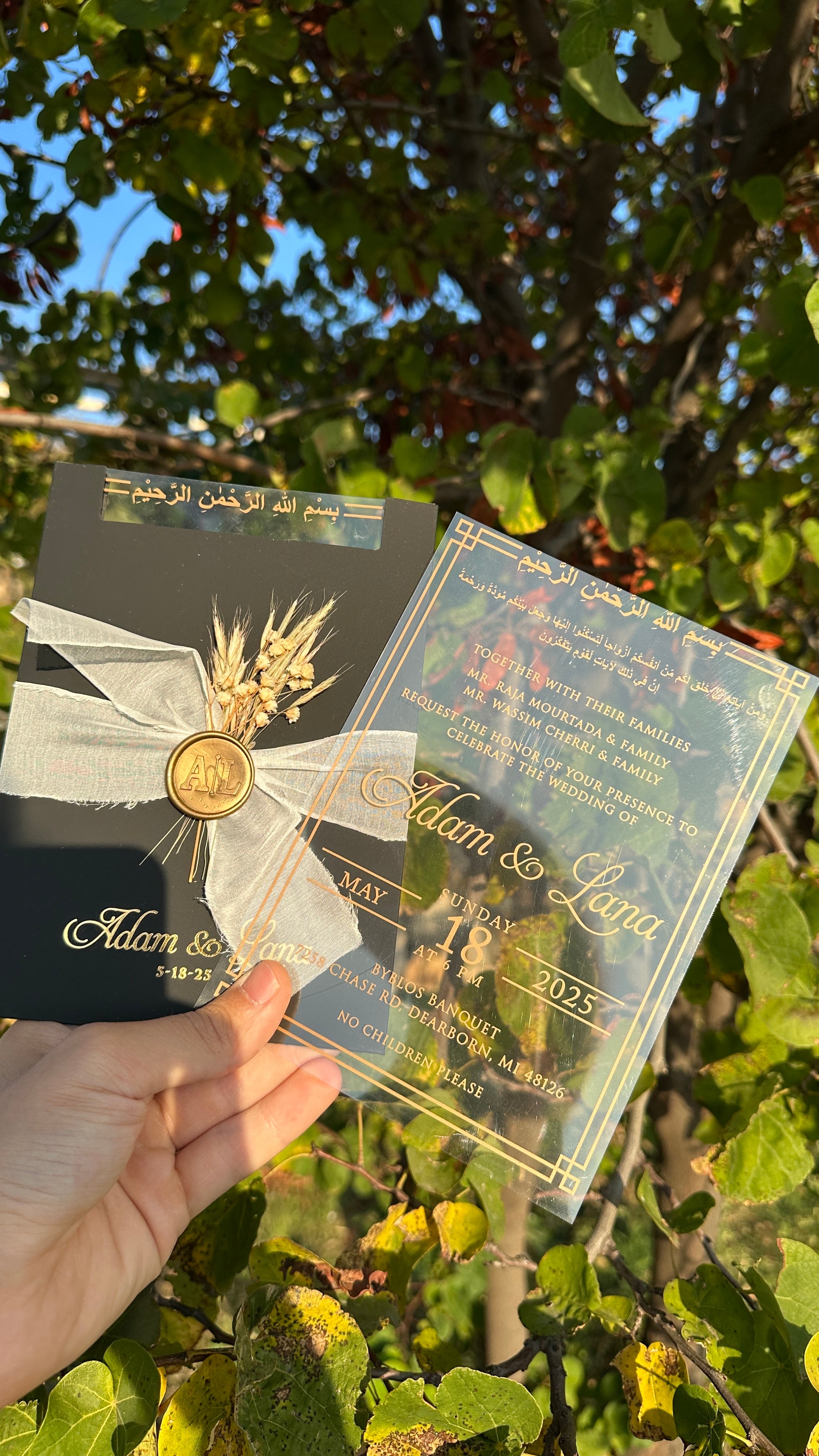 Clear Acrylic Wedding Invitation with Gold Print, Black Envelope, White Ribbon, Gold Wax Seal & Dried Flowers - LunaInvites