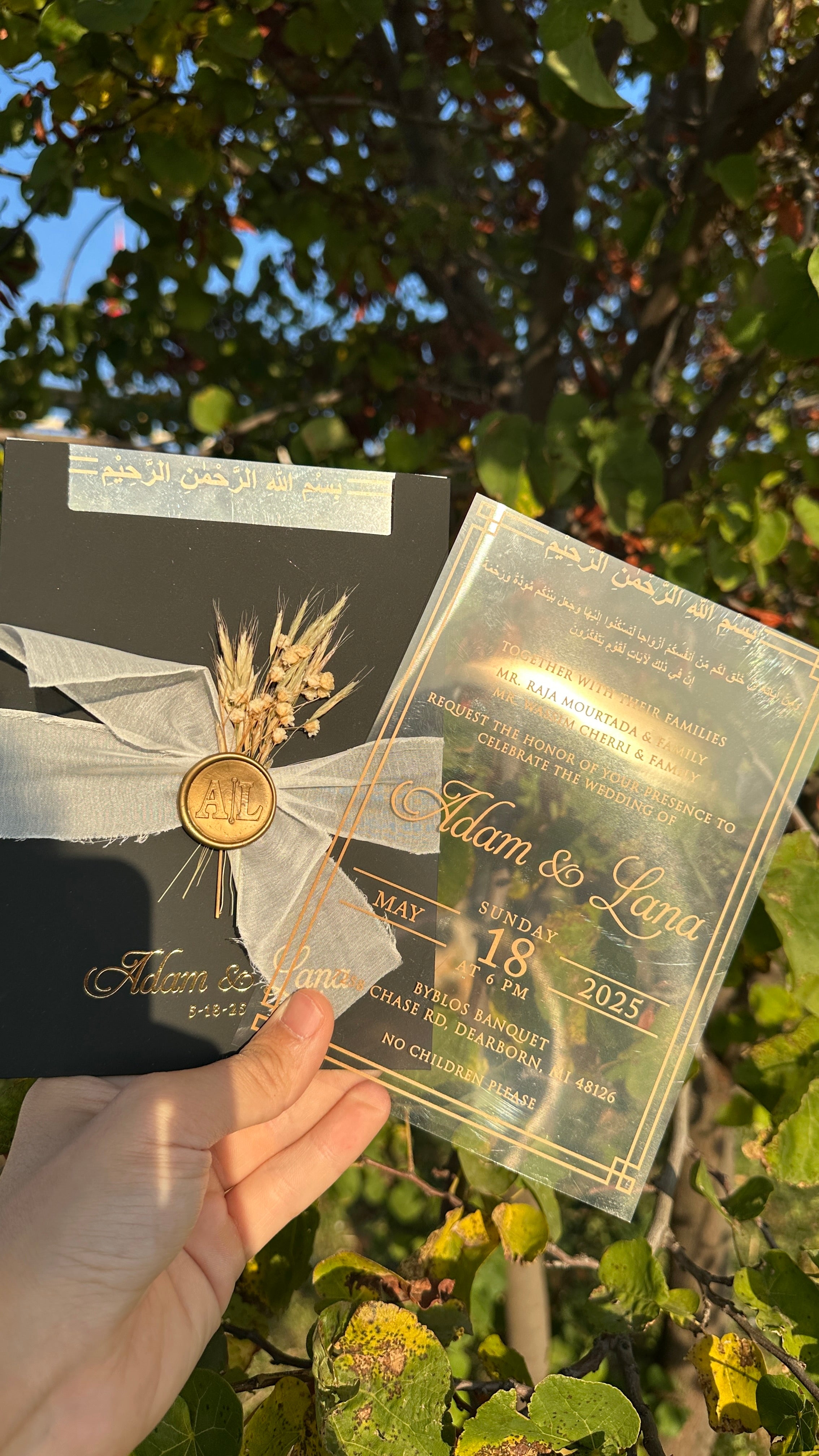 Clear Acrylic Wedding Invitation with Gold Print, Black Envelope, White Ribbon, Gold Wax Seal & Dried Flowers - LunaInvites