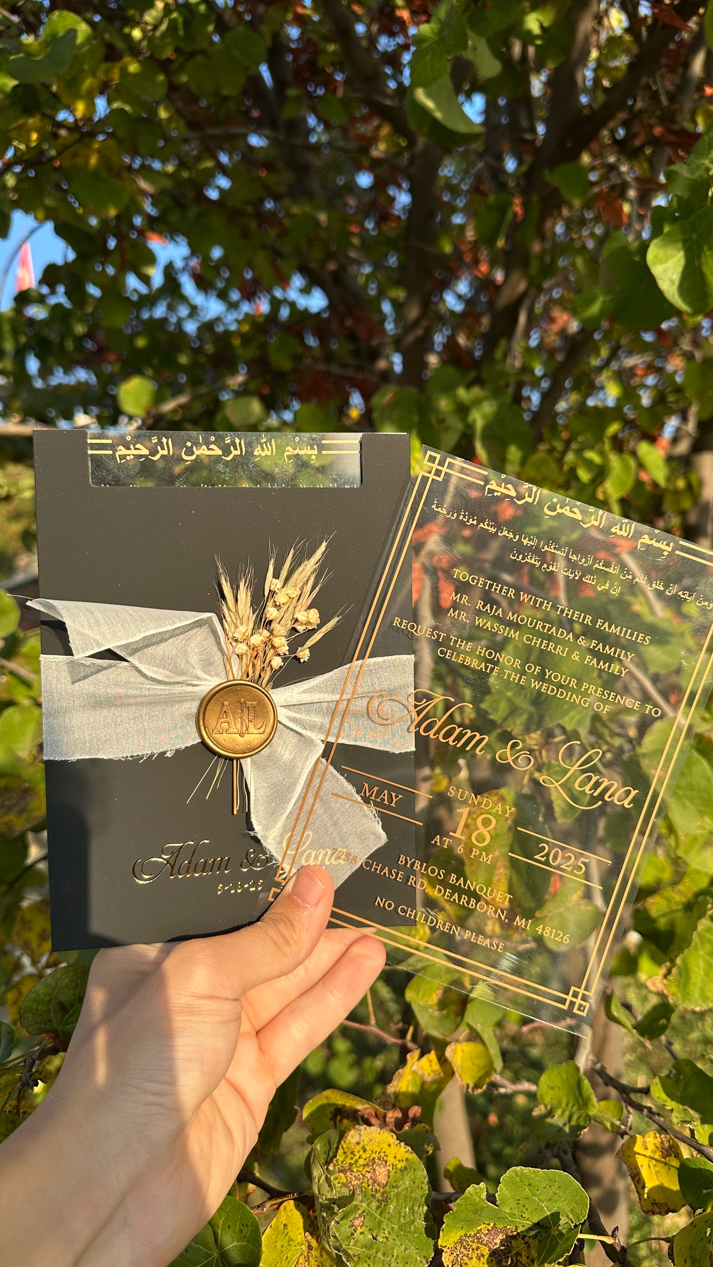 Clear Acrylic Wedding Invitation with Gold Print, Black Envelope, White Ribbon, Gold Wax Seal & Dried Flowers - LunaInvites