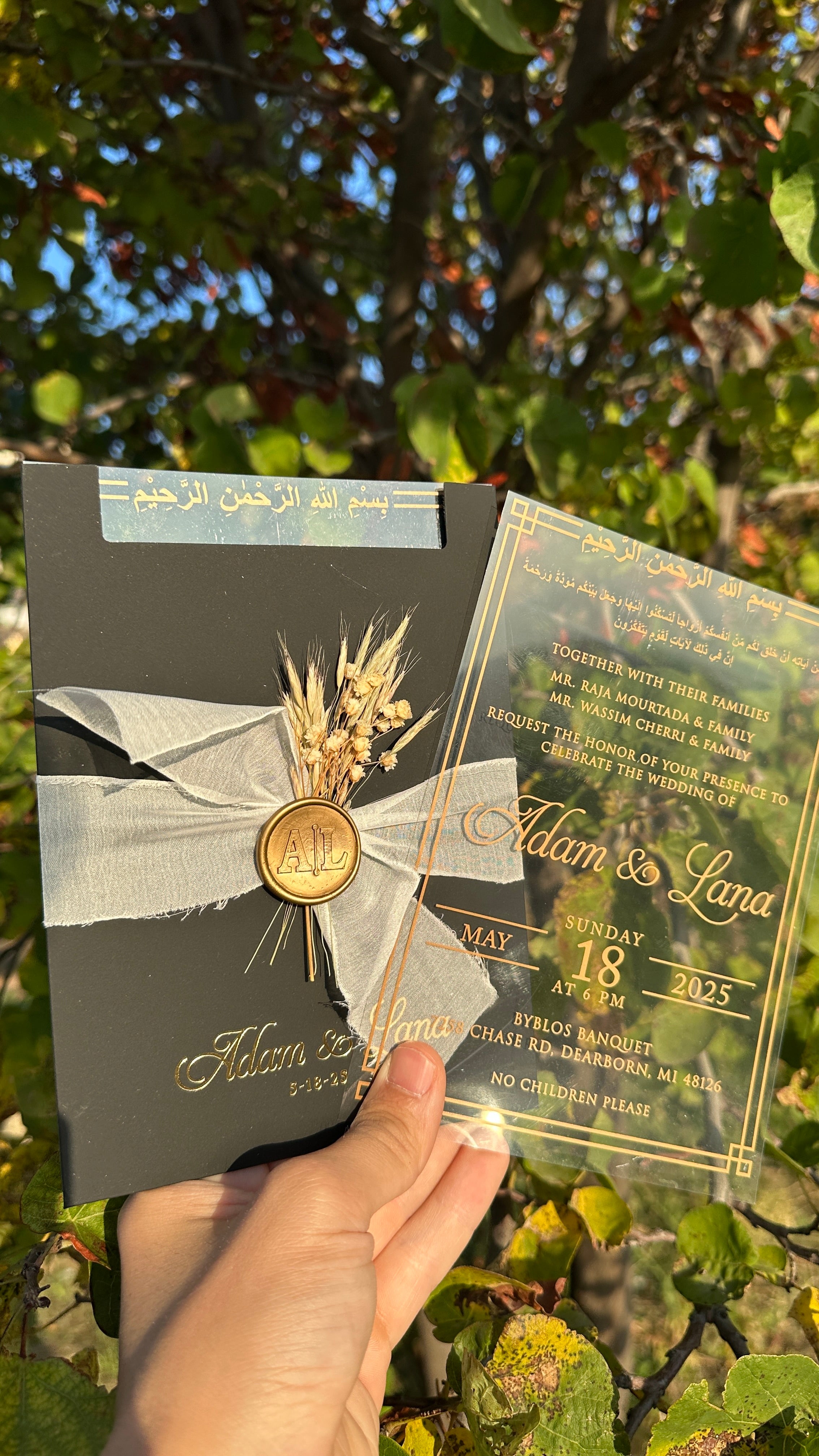 Clear Acrylic Wedding Invitation with Gold Print, Black Envelope, White Ribbon, Gold Wax Seal & Dried Flowers - LunaInvites