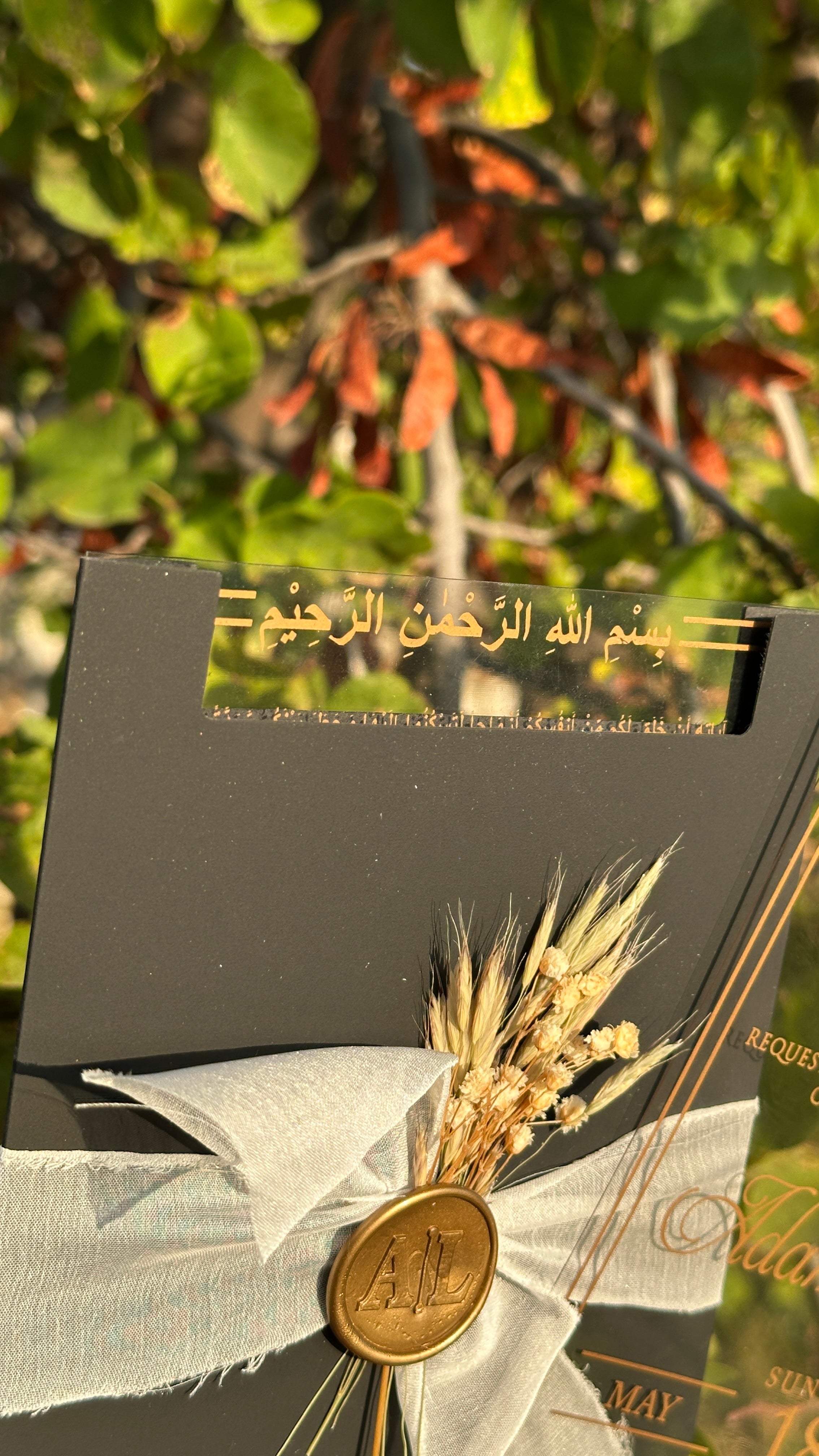 Clear Acrylic Wedding Invitation with Gold Print, Black Envelope, White Ribbon, Gold Wax Seal & Dried Flowers - LunaInvites