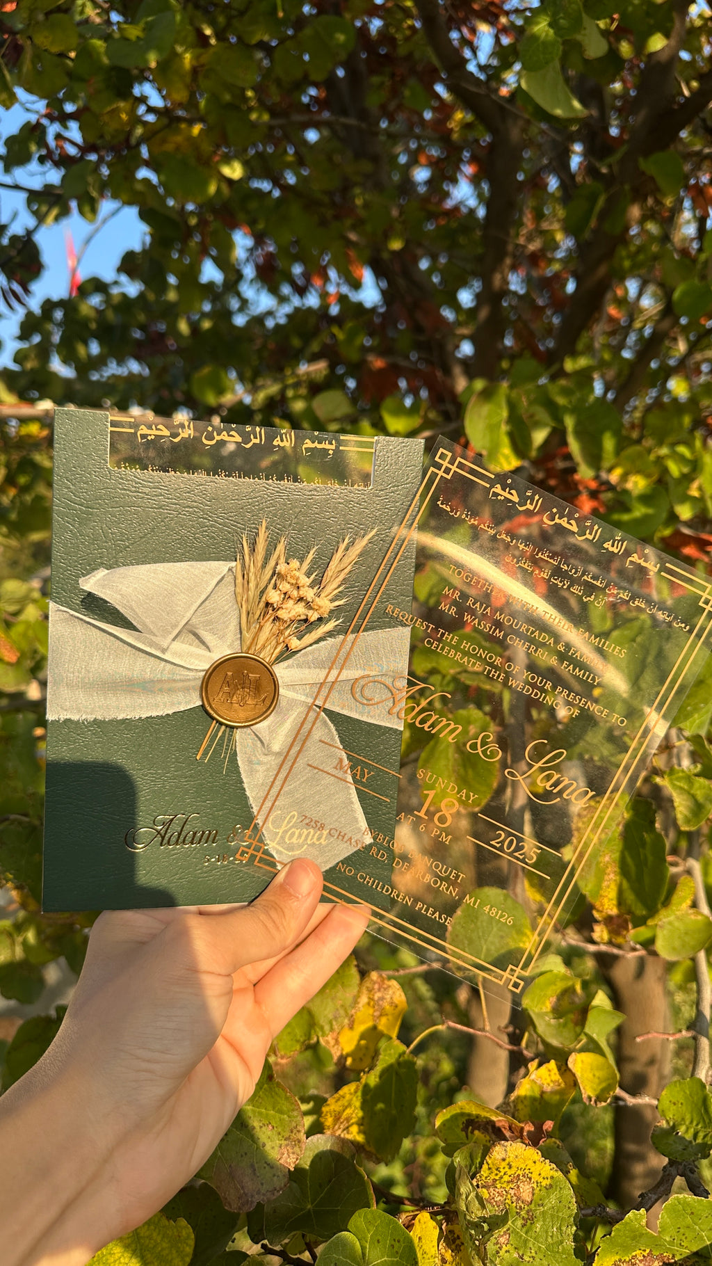 Clear Acrylic Wedding Invitation with Gold Print, Green Envelope, White Ribbon, Gold Wax Seal & Dried Flowers - LunaInvites