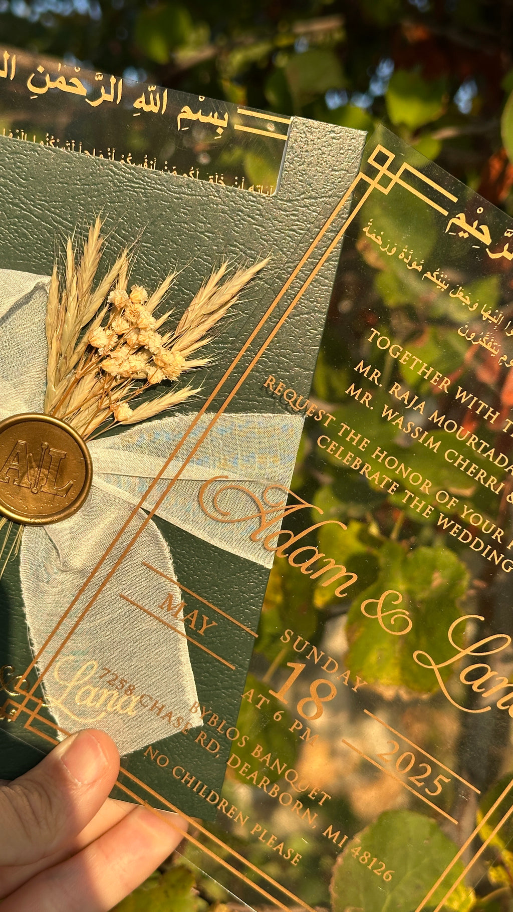 Clear Acrylic Wedding Invitation with Gold Print, Green Envelope, White Ribbon, Gold Wax Seal & Dried Flowers - LunaInvites