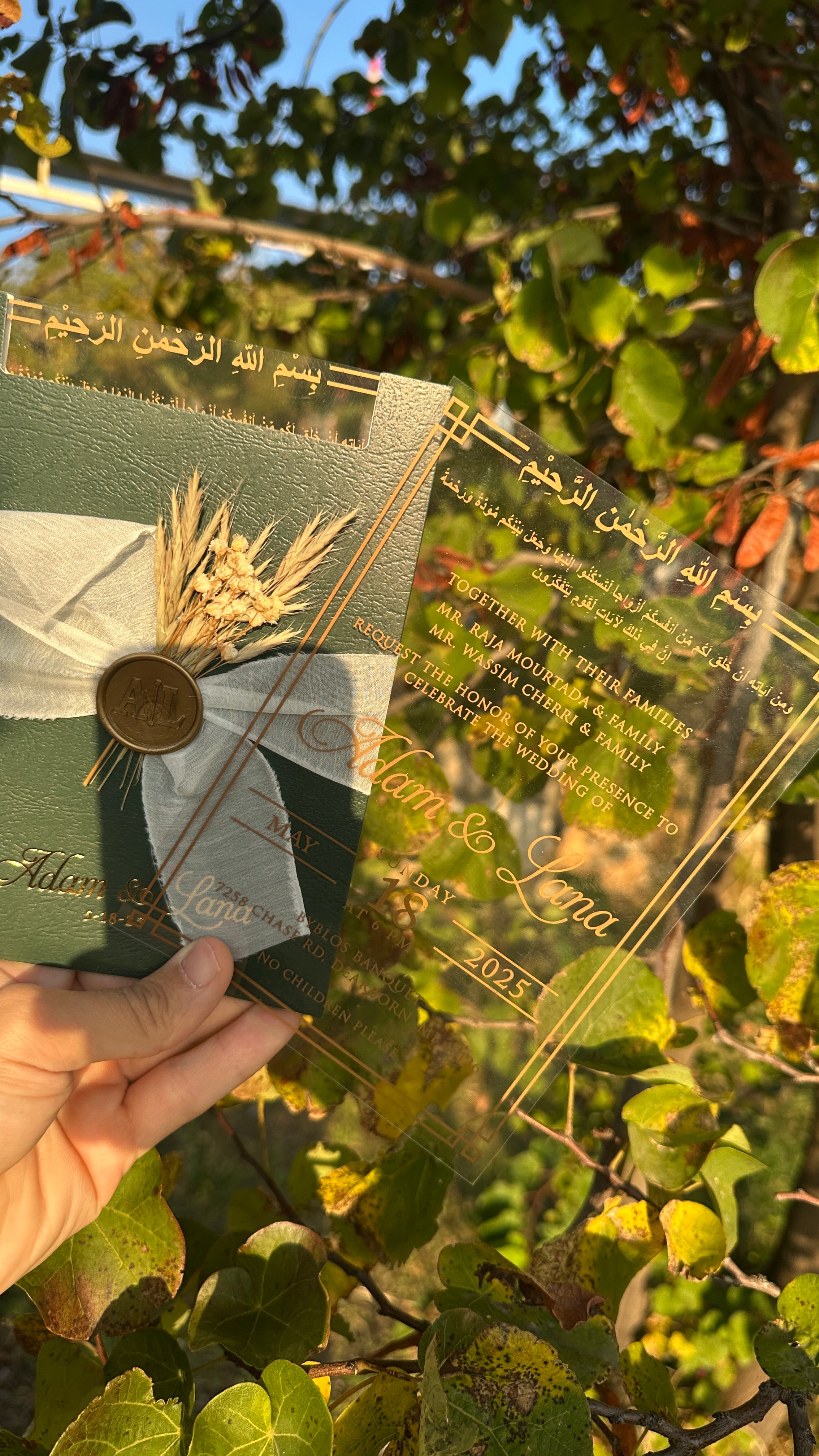 Clear Acrylic Wedding Invitation with Gold Print, Green Envelope, White Ribbon, Gold Wax Seal & Dried Flowers - LunaInvites