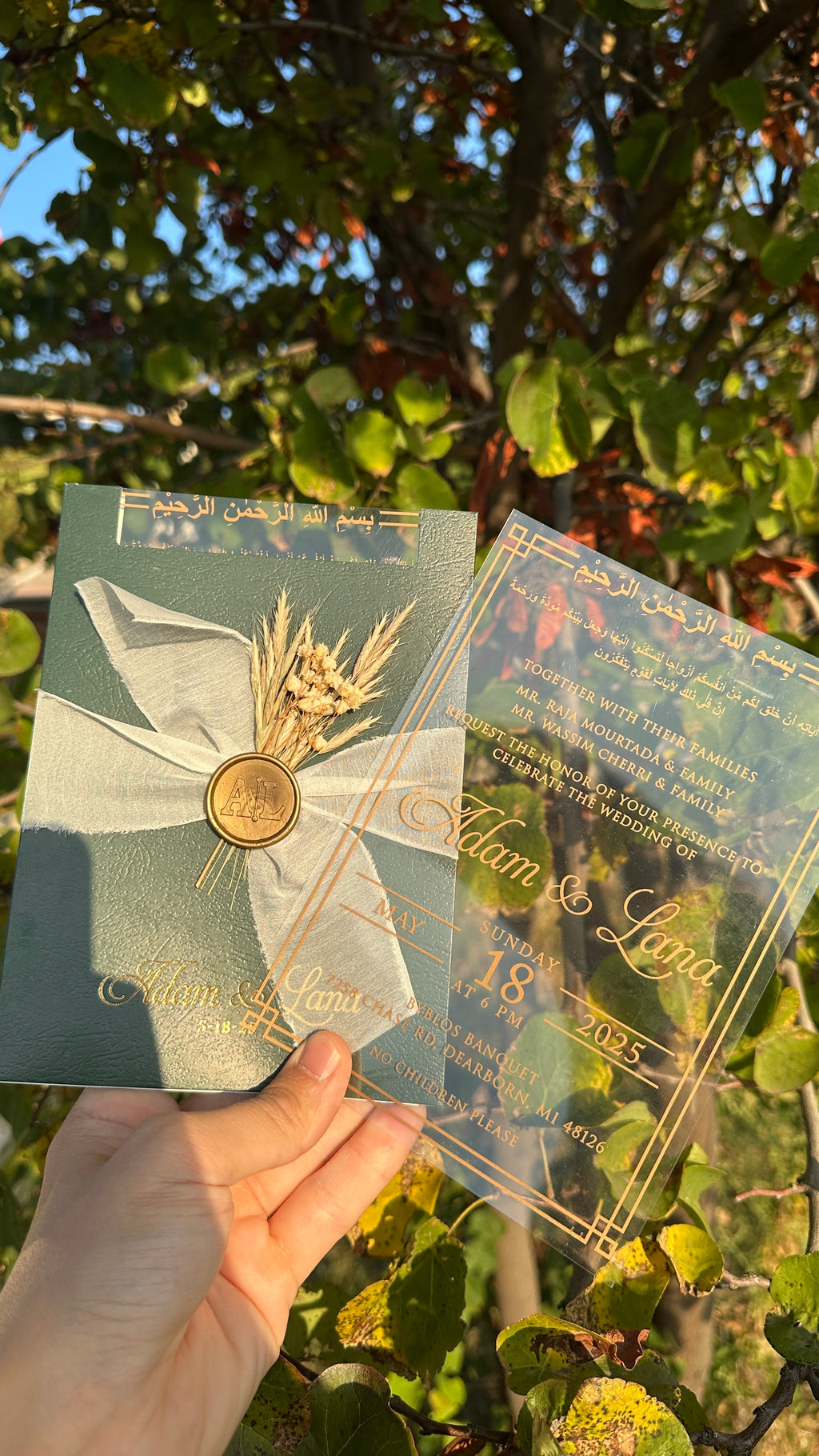 Clear Acrylic Wedding Invitation with Gold Print, Green Envelope, White Ribbon, Gold Wax Seal & Dried Flowers - LunaInvites