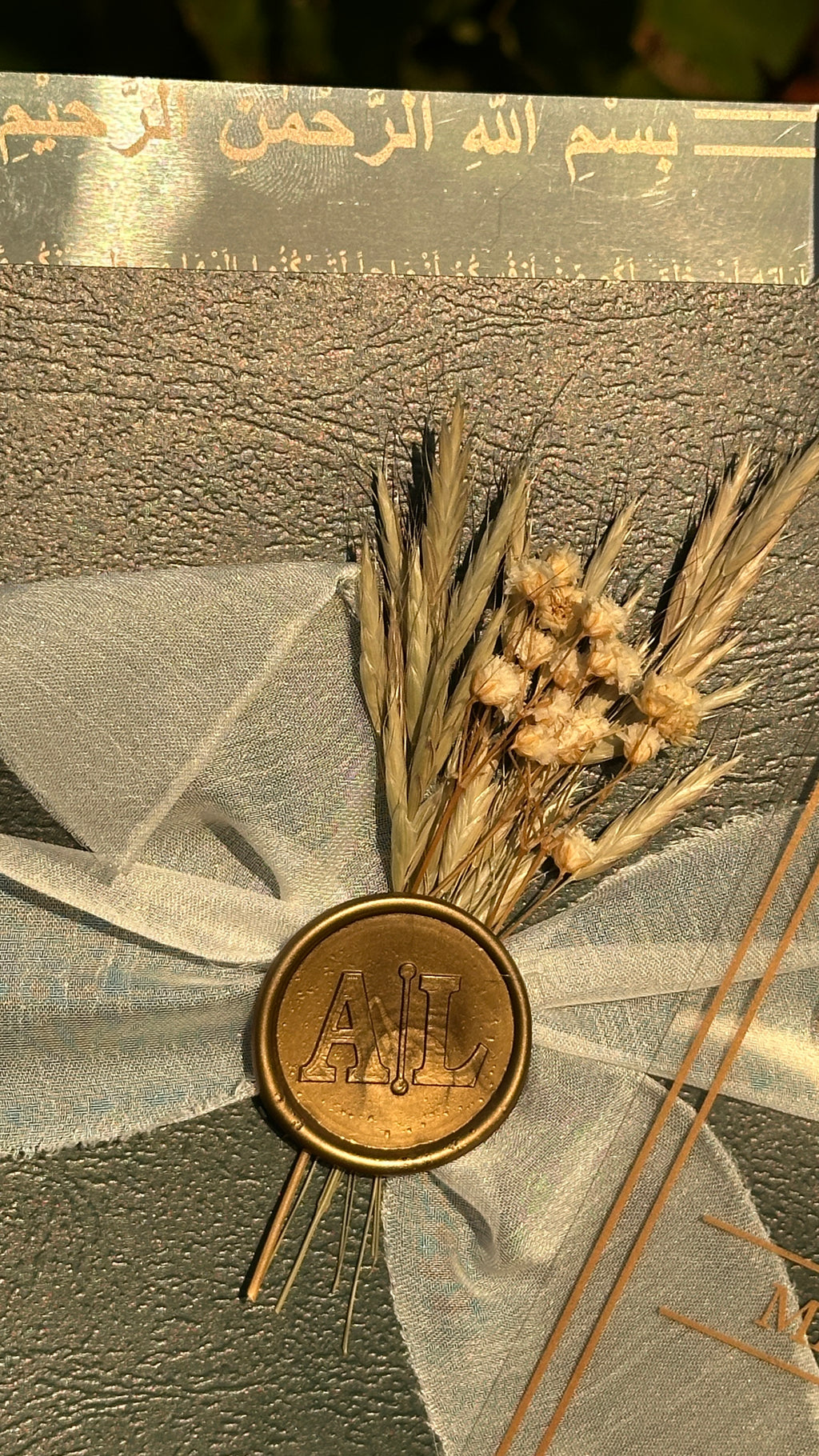 Clear Acrylic Wedding Invitation with Gold Print, Green Envelope, White Ribbon, Gold Wax Seal & Dried Flowers - LunaInvites