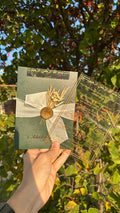 Clear Acrylic Wedding Invitation with Gold Print, Green Envelope, White Ribbon, Gold Wax Seal & Dried Flowers - LunaInvites