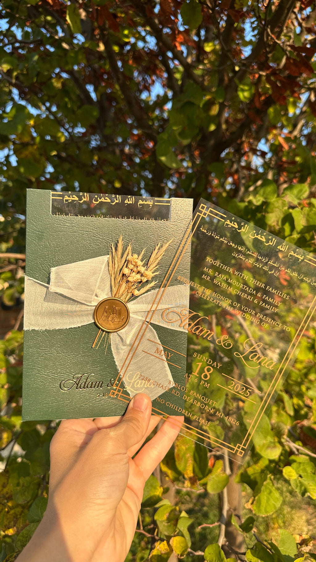 Clear Acrylic Wedding Invitation with Gold Print, Green Envelope, White Ribbon, Gold Wax Seal & Dried Flowers - LunaInvites