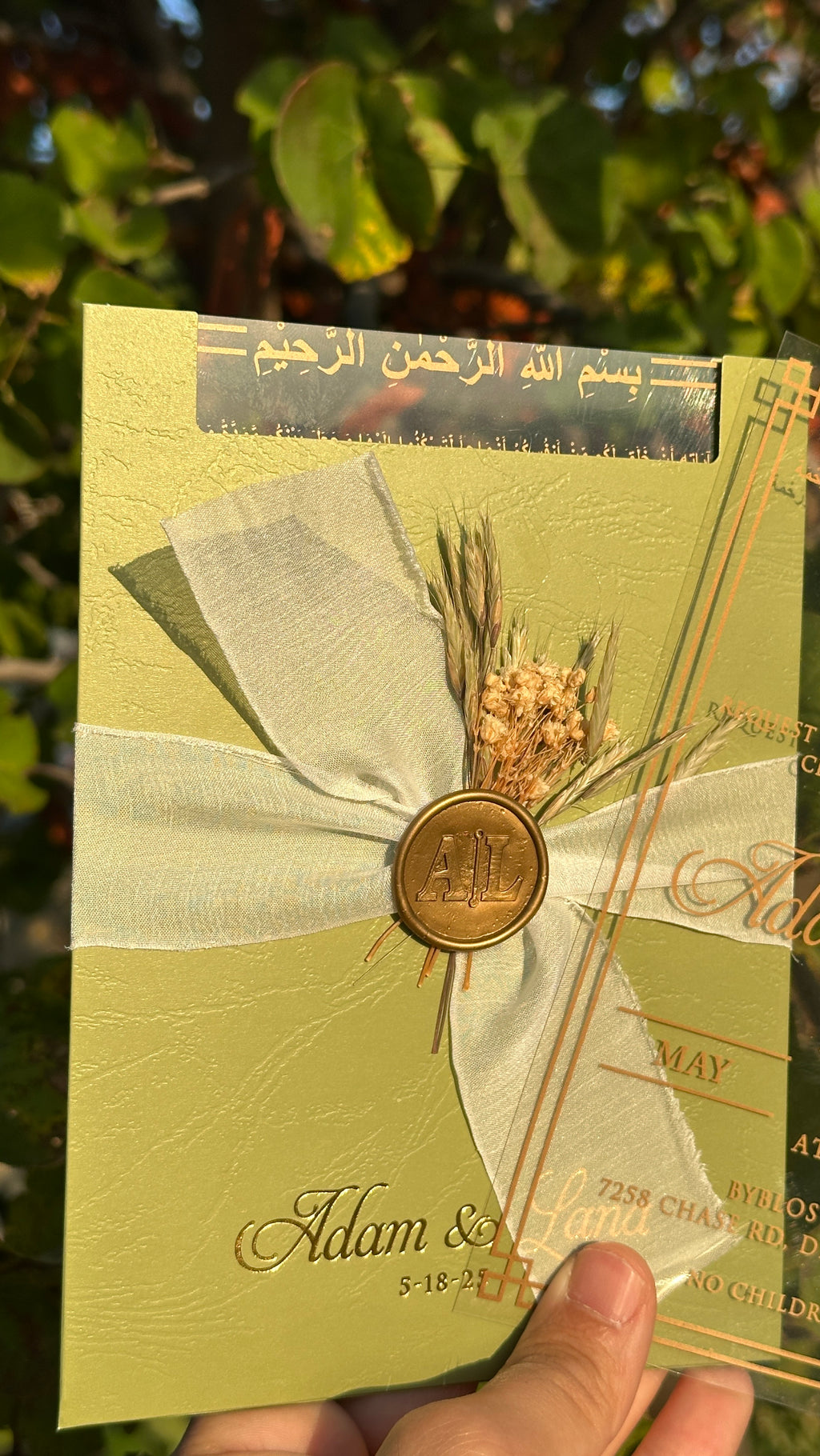 Clear Acrylic Wedding Invitation with Gold Print, Light Green Envelope, White Ribbon, Gold Wax Seal & Dried Flowers - LunaInvites