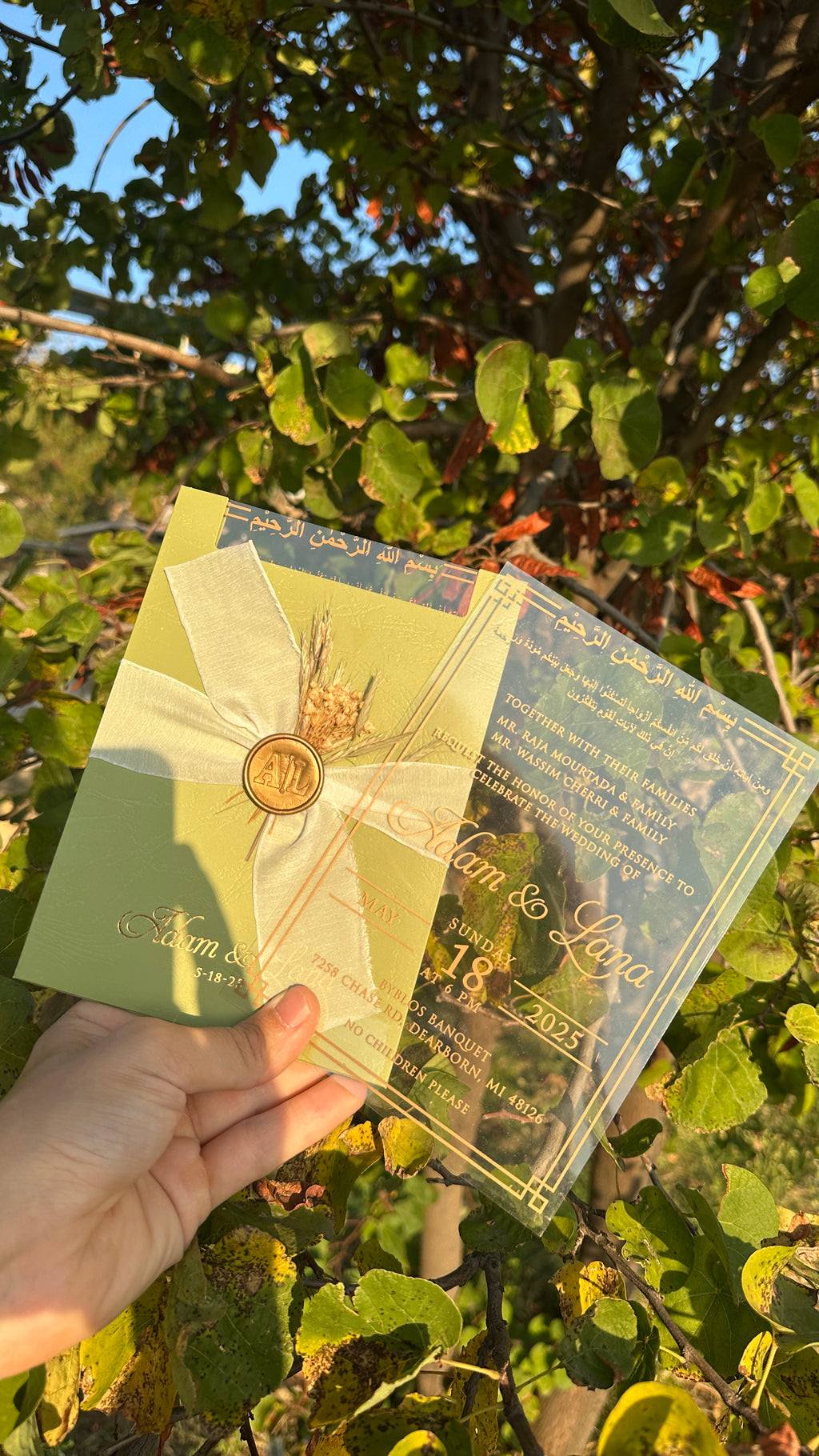 Clear Acrylic Wedding Invitation with Gold Print, Light Green Envelope, White Ribbon, Gold Wax Seal & Dried Flowers - LunaInvites
