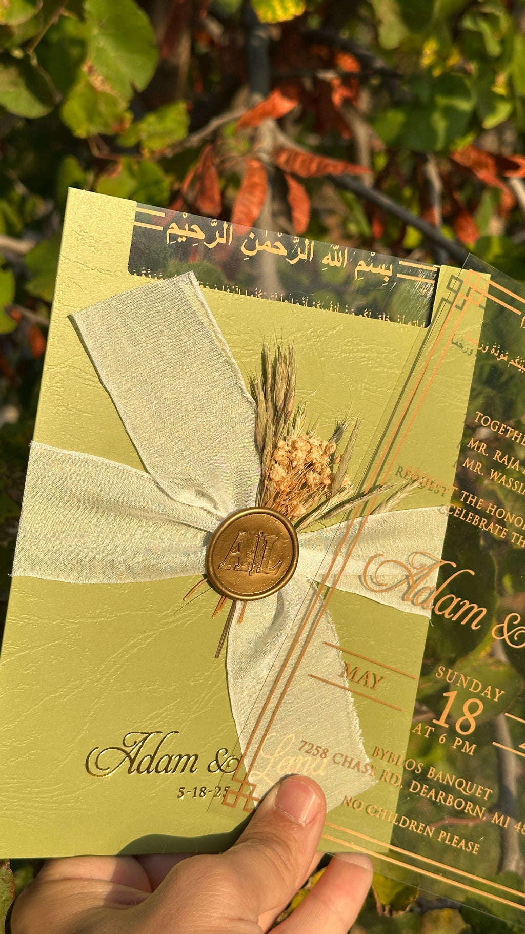 Clear Acrylic Wedding Invitation with Gold Print, Light Green Envelope, White Ribbon, Gold Wax Seal & Dried Flowers - LunaInvites