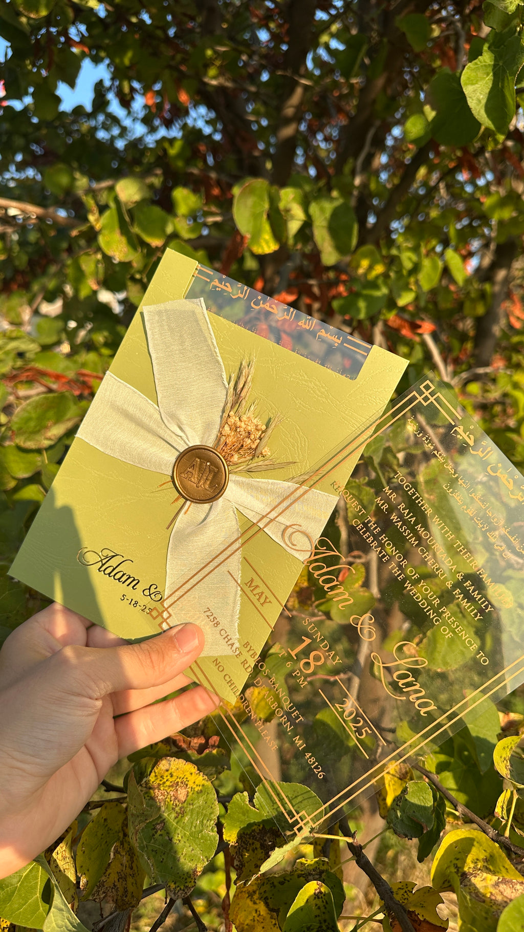 Clear Acrylic Wedding Invitation with Gold Print, Light Green Envelope, White Ribbon, Gold Wax Seal & Dried Flowers - LunaInvites