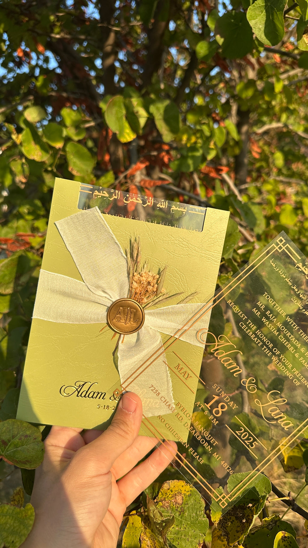 Clear Acrylic Wedding Invitation with Gold Print, Light Green Envelope, White Ribbon, Gold Wax Seal & Dried Flowers - LunaInvites