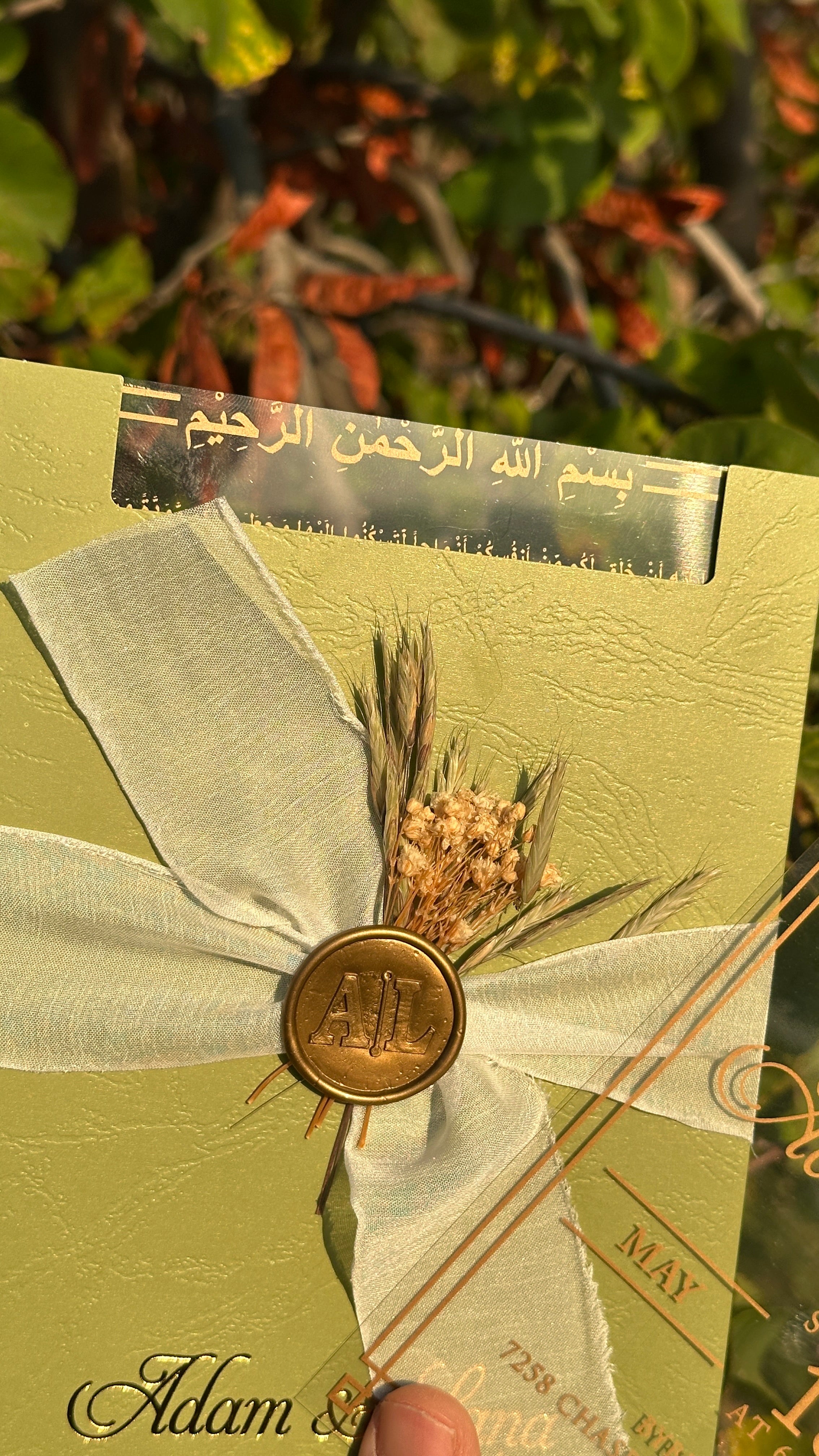 Clear Acrylic Wedding Invitation with Gold Print, Light Green Envelope, White Ribbon, Gold Wax Seal & Dried Flowers - LunaInvites