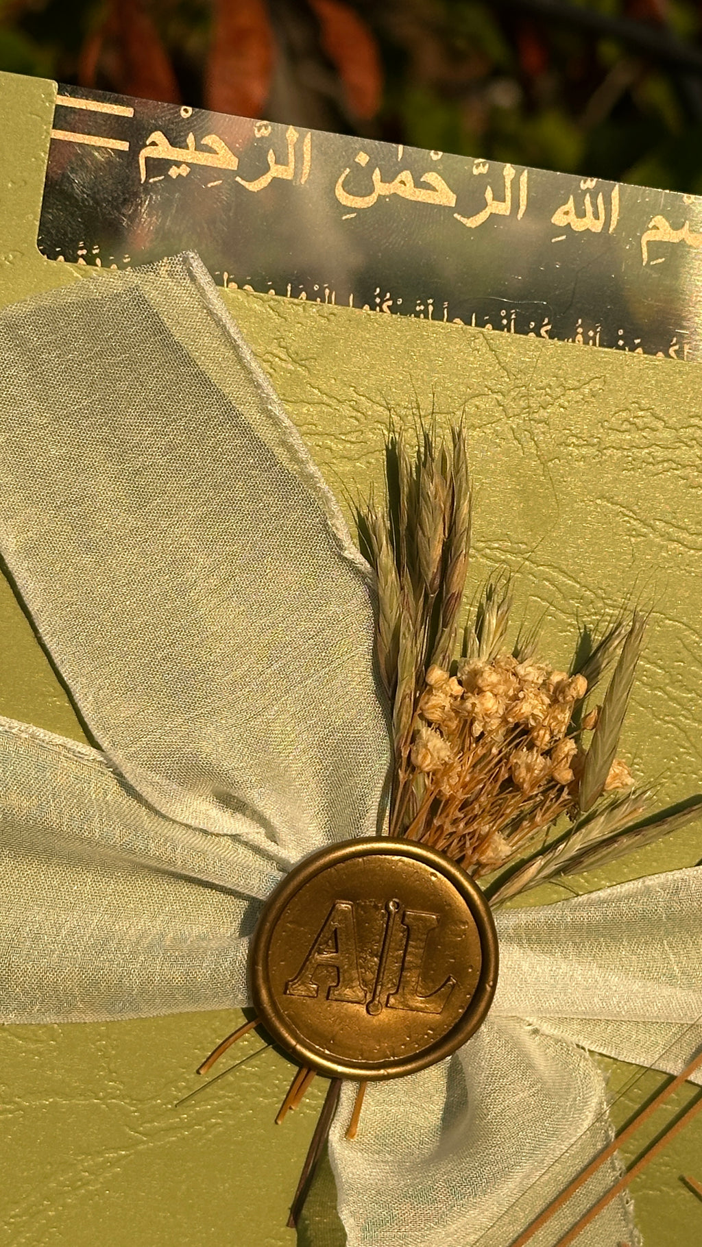 Clear Acrylic Wedding Invitation with Gold Print, Light Green Envelope, White Ribbon, Gold Wax Seal & Dried Flowers - LunaInvites