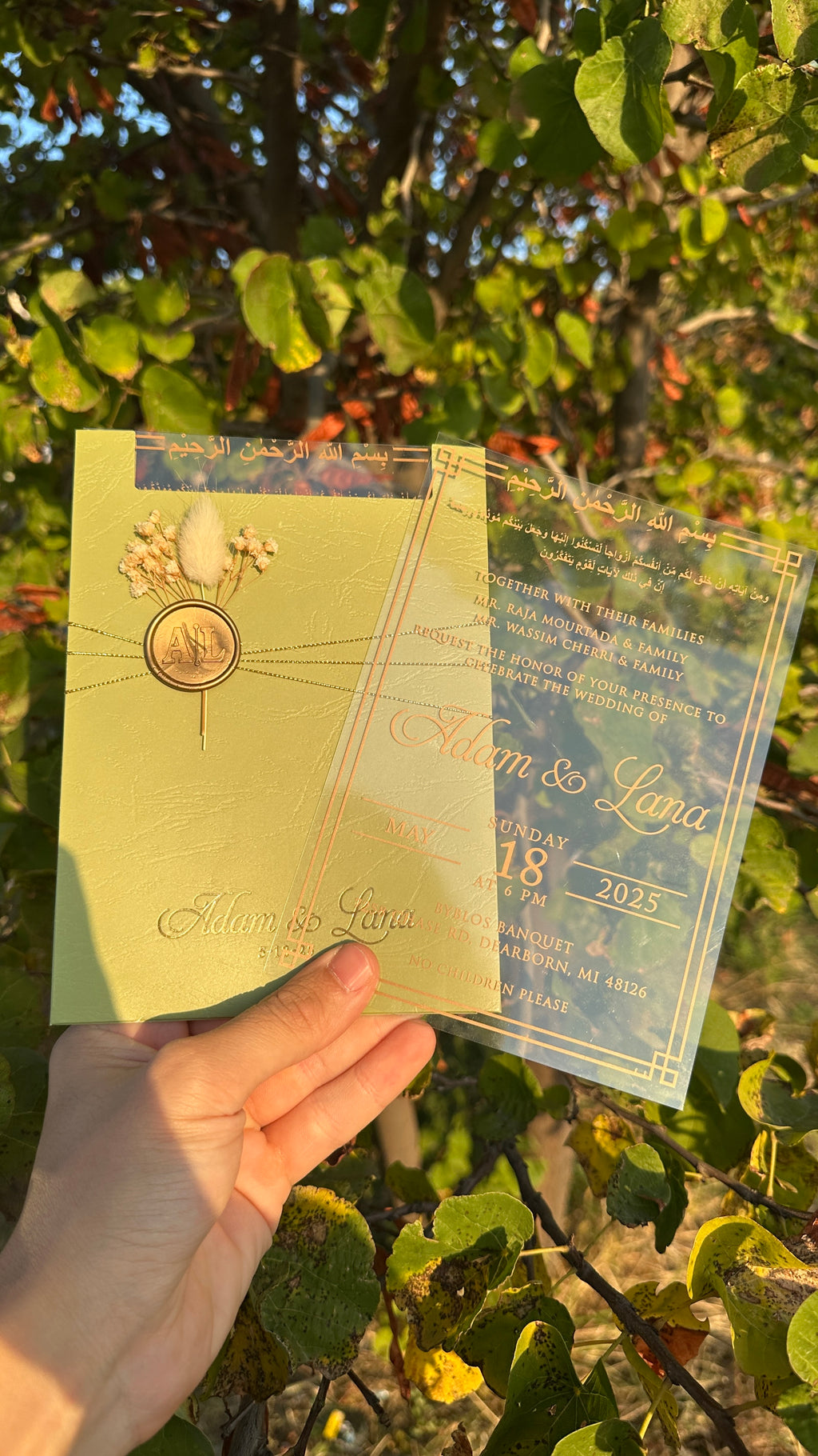 Clear Acrylic Wedding Invitation with Gold Print, Light Green Envelope, Gold Ribbon, Gold Wax Seal & Dried Flowers - LunaInvites