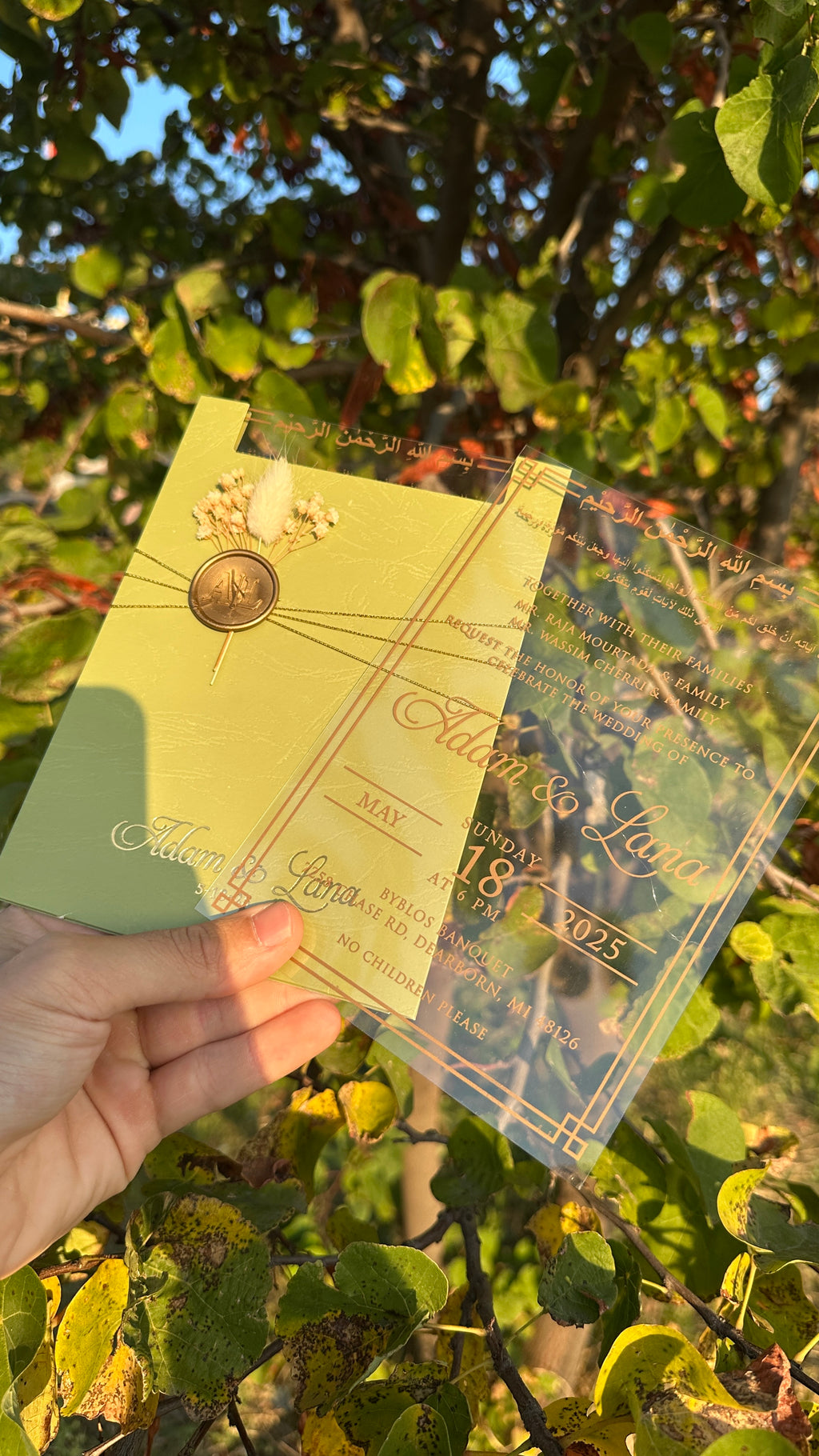 Clear Acrylic Wedding Invitation with Gold Print, Light Green Envelope, Gold Ribbon, Gold Wax Seal & Dried Flowers - LunaInvites