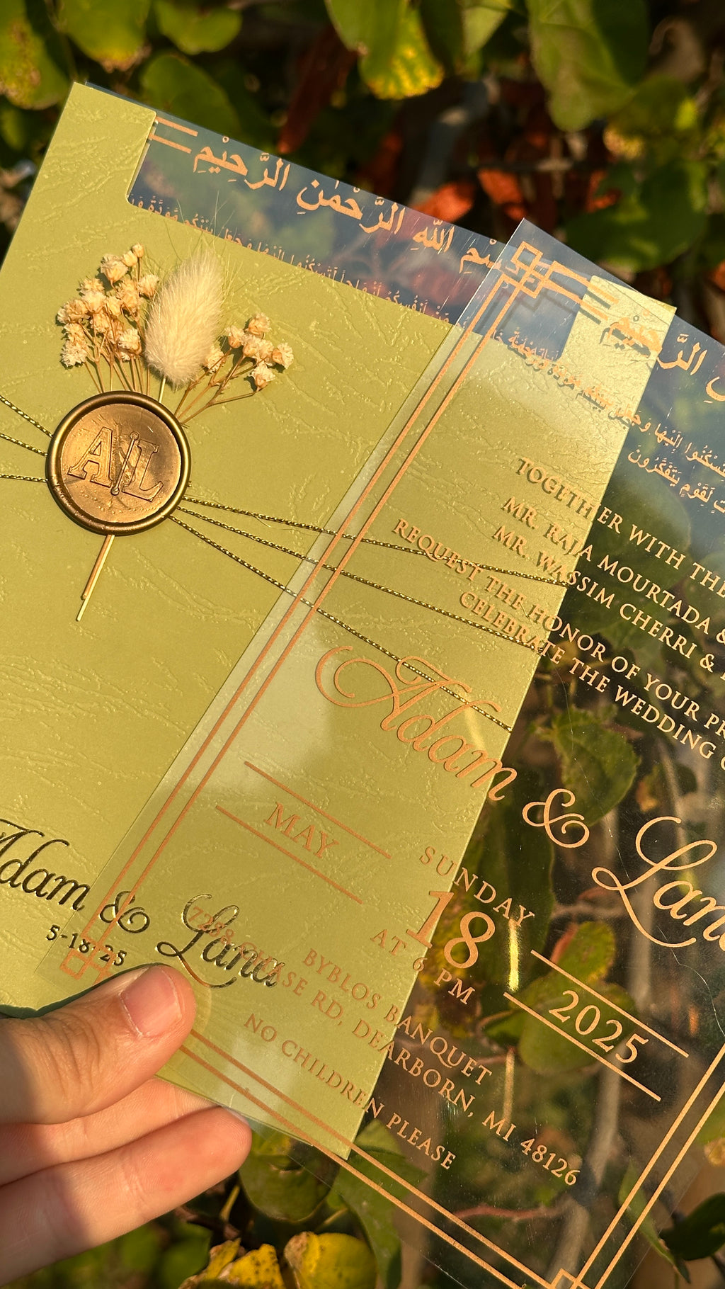 Clear Acrylic Wedding Invitation with Gold Print, Light Green Envelope, Gold Ribbon, Gold Wax Seal & Dried Flowers - LunaInvites
