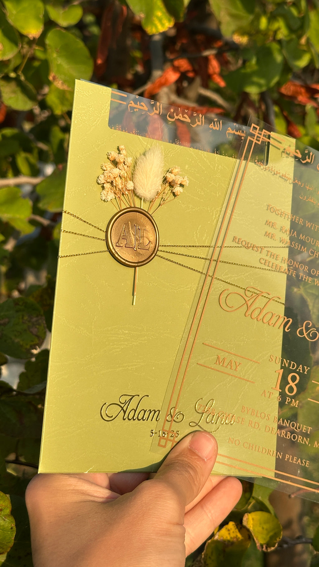 Clear Acrylic Wedding Invitation with Gold Print, Light Green Envelope, Gold Ribbon, Gold Wax Seal & Dried Flowers - LunaInvites