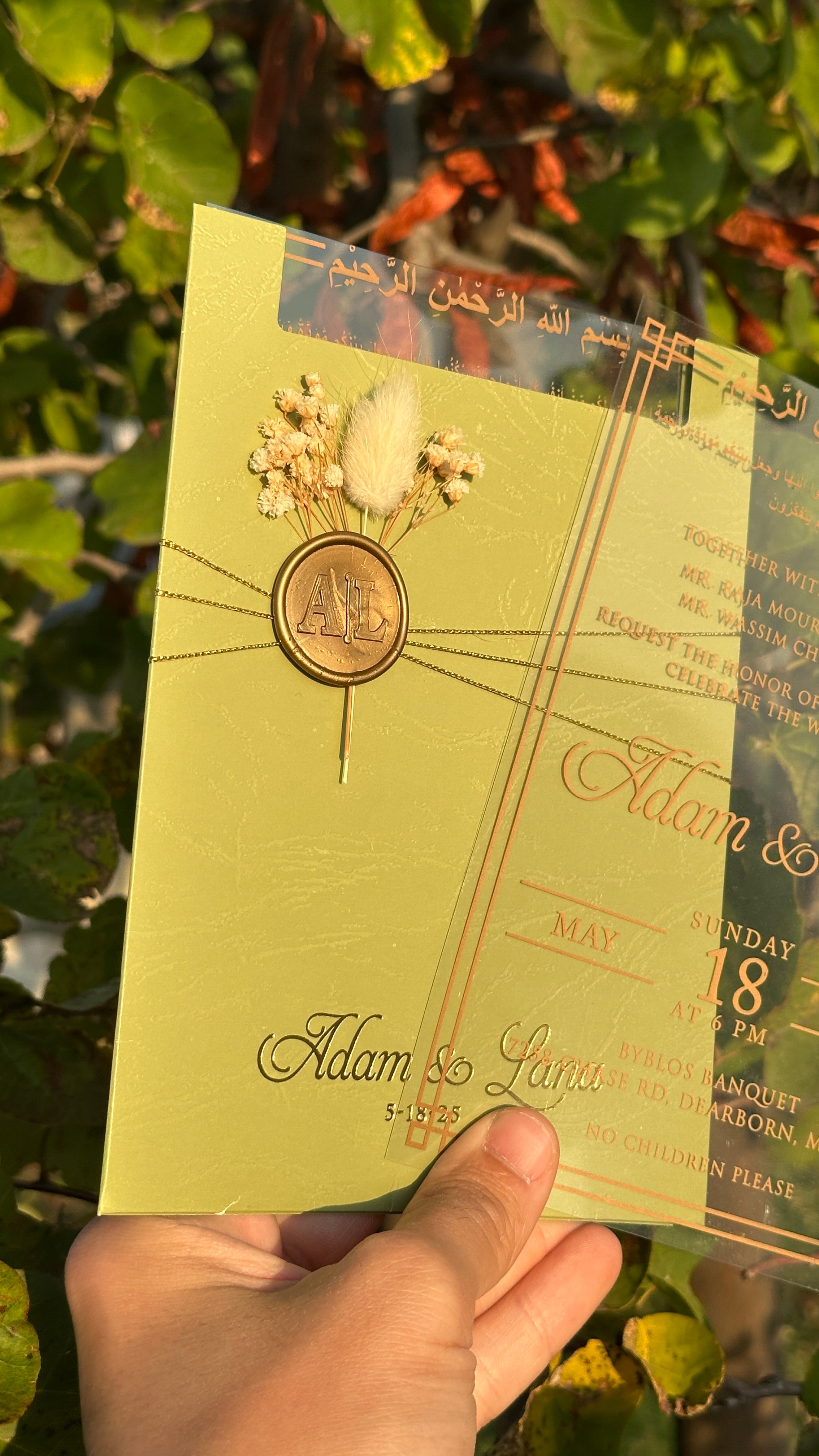 Clear Acrylic Wedding Invitation with Gold Print, Light Green Envelope, Gold Ribbon, Gold Wax Seal & Dried Flowers - LunaInvites