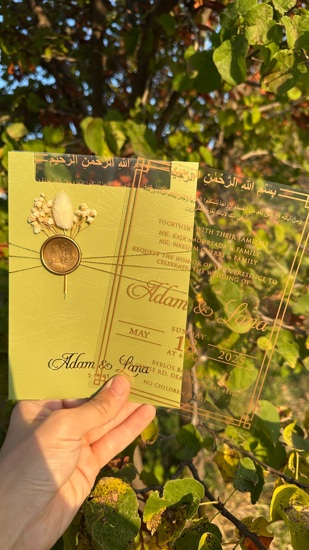 Clear Acrylic Wedding Invitation with Gold Print, Light Green Envelope, Gold Ribbon, Gold Wax Seal & Dried Flowers - LunaInvites