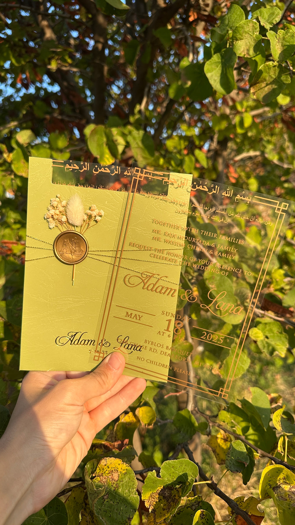 Clear Acrylic Wedding Invitation with Gold Print, Light Green Envelope, Gold Ribbon, Gold Wax Seal & Dried Flowers - LunaInvites