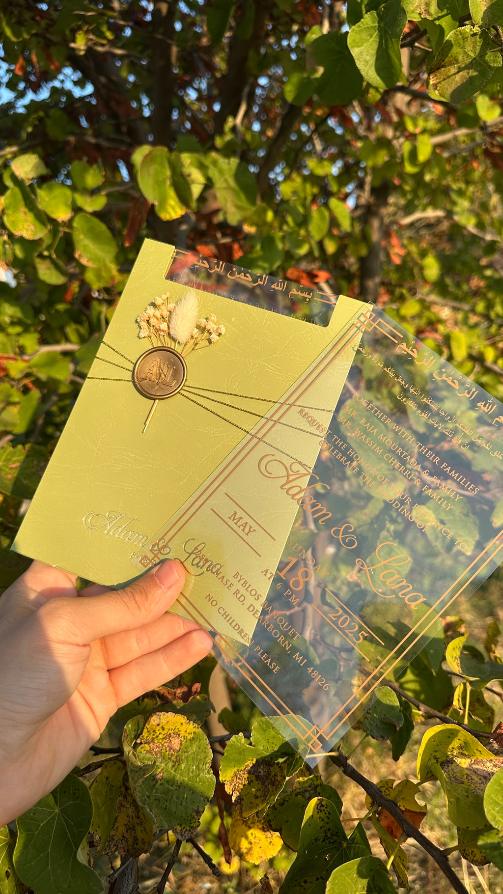 Clear Acrylic Wedding Invitation with Gold Print, Light Green Envelope, Gold Ribbon, Gold Wax Seal & Dried Flowers - LunaInvites