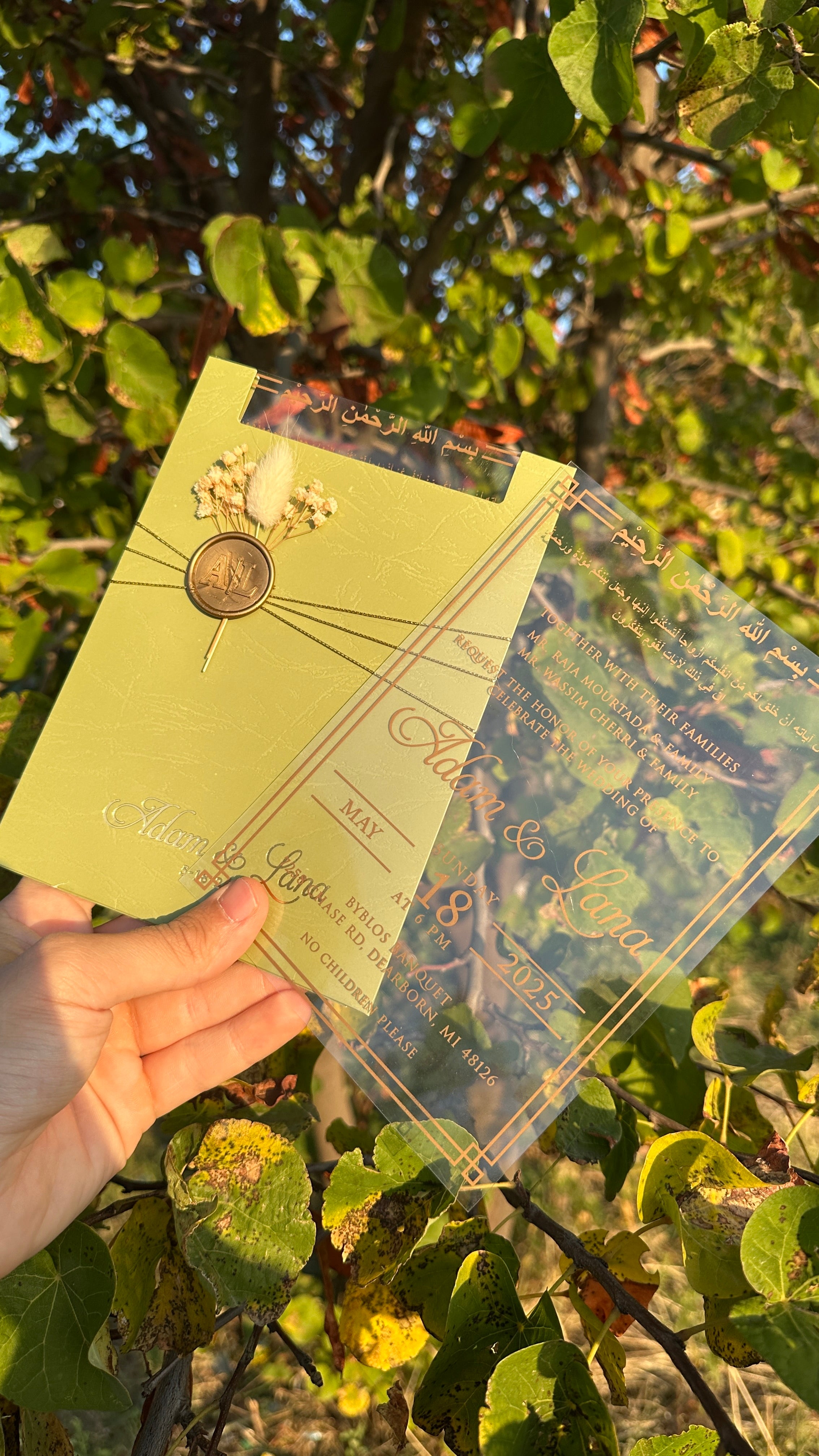 Clear Acrylic Wedding Invitation with Gold Print, Light Green Envelope, Gold Ribbon, Gold Wax Seal & Dried Flowers - LunaInvites