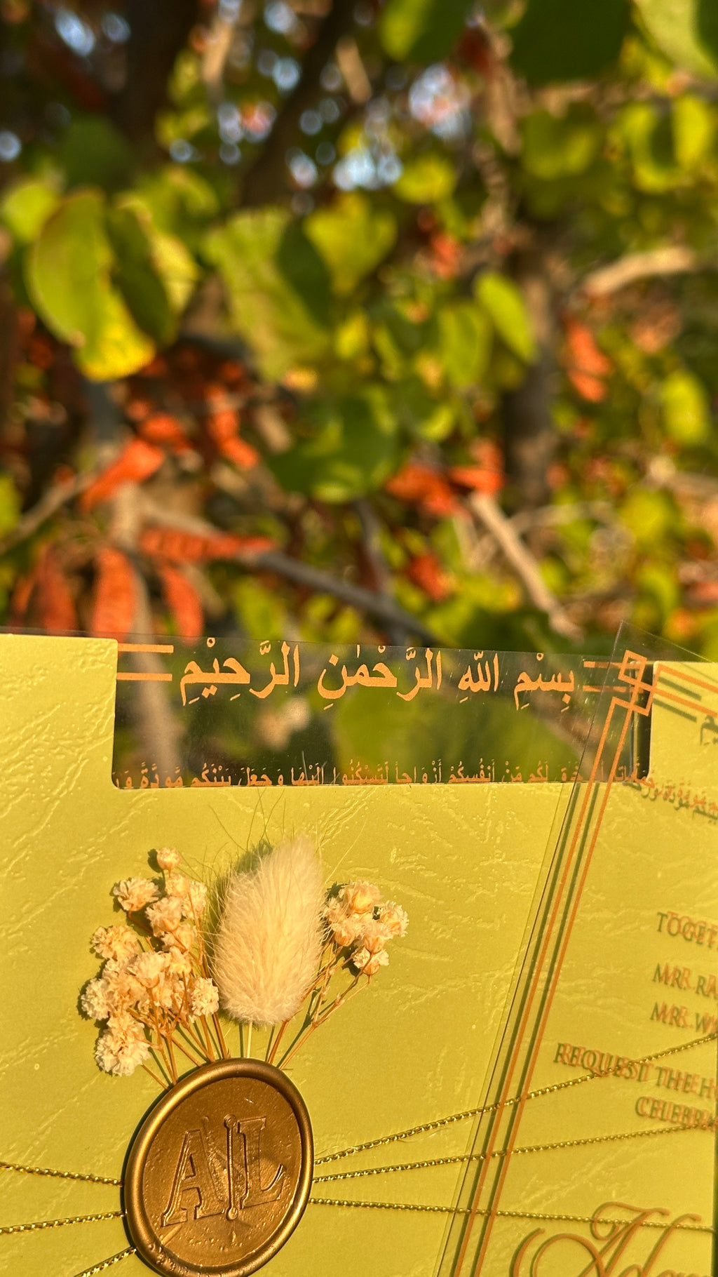 Clear Acrylic Wedding Invitation with Gold Print, Light Green Envelope, Gold Ribbon, Gold Wax Seal & Dried Flowers - LunaInvites