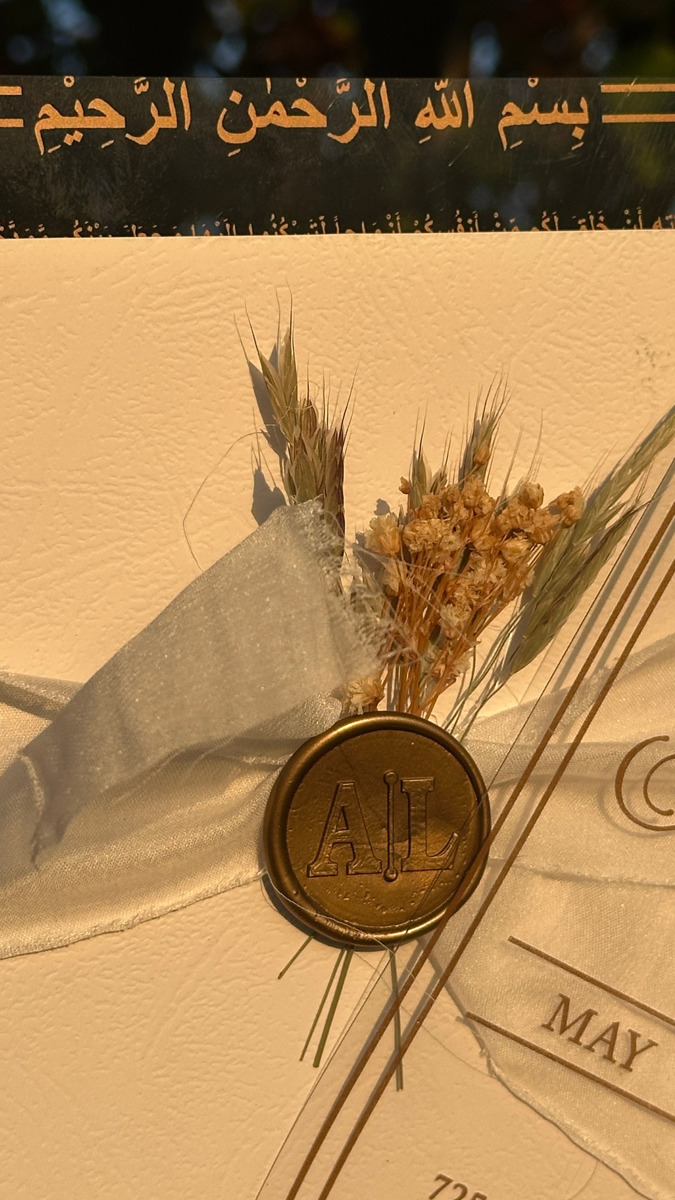 Clear Acrylic Wedding Invitation with Gold Print, White Envelope, White Bow, Gold Wax Seal & Dried Flowers - LunaInvites