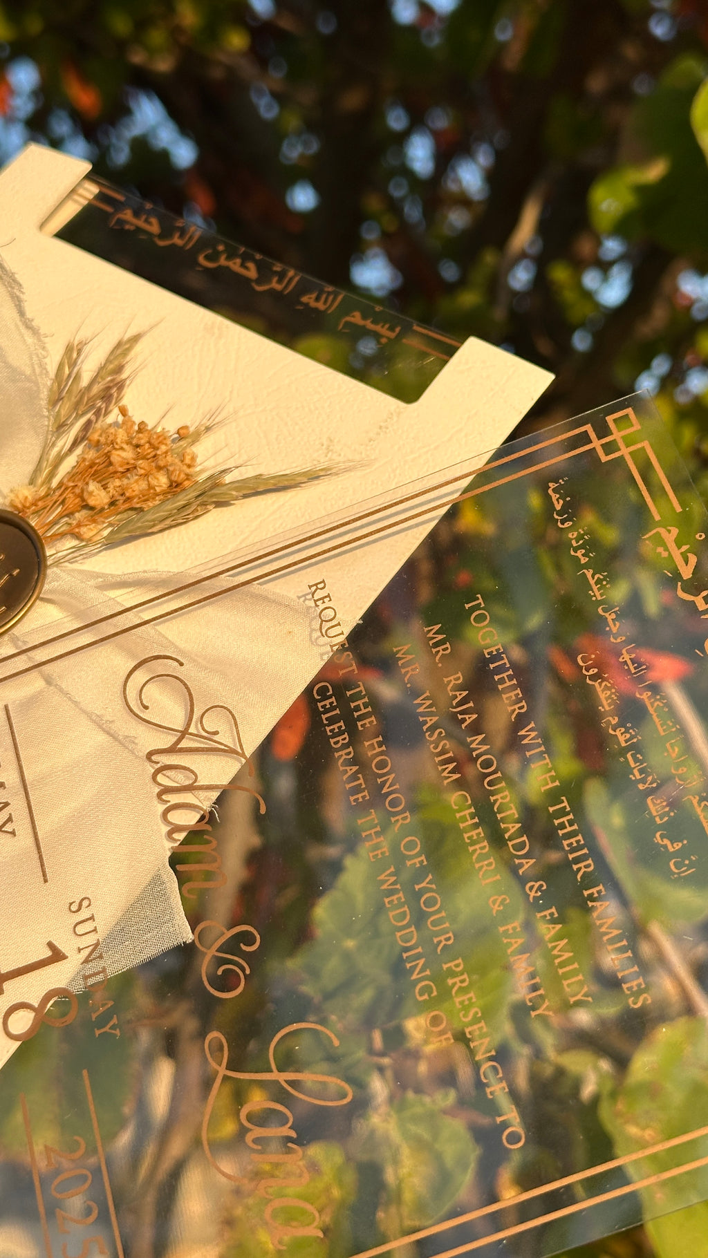 Clear Acrylic Wedding Invitation with Gold Print, White Envelope, White Bow, Gold Wax Seal & Dried Flowers - LunaInvites