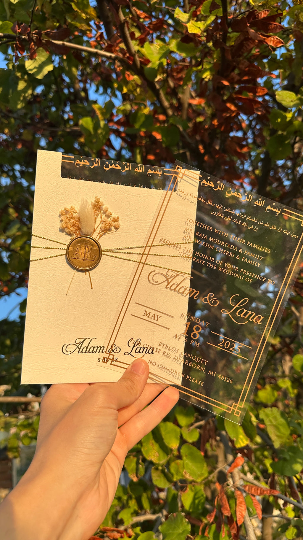 Luxury Clear Acrylic Wedding Invitation with Gold Foil, White Envelope, Wax Seal & Dried Flowers - LunaInvites