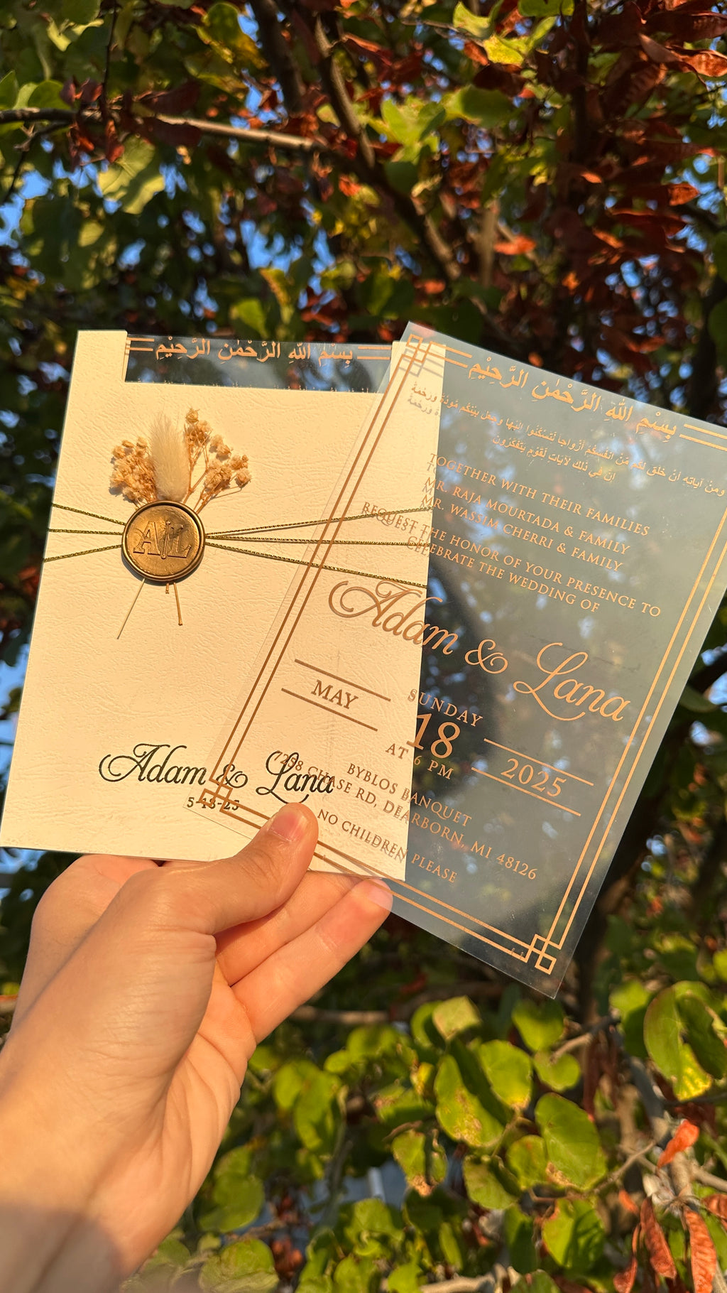 Luxury Clear Acrylic Wedding Invitation with Gold Foil, White Envelope, Wax Seal & Dried Flowers - LunaInvites