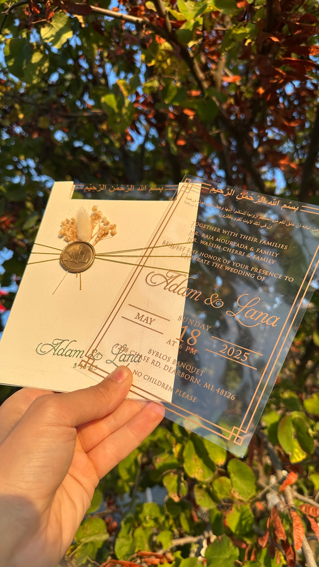 Luxury Clear Acrylic Wedding Invitation with Gold Foil, White Envelope, Wax Seal & Dried Flowers - LunaInvites