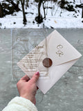 Clear Acrylic Wedding Invitation with Gold Print and Wax Seal - LunaInvites
