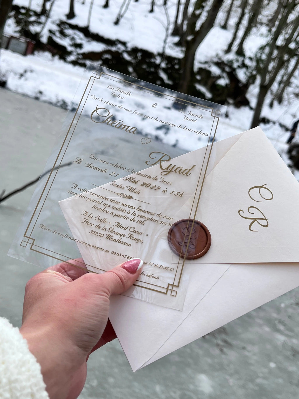 Clear Acrylic Wedding Invitation with Gold Print and Wax Seal - LunaInvites