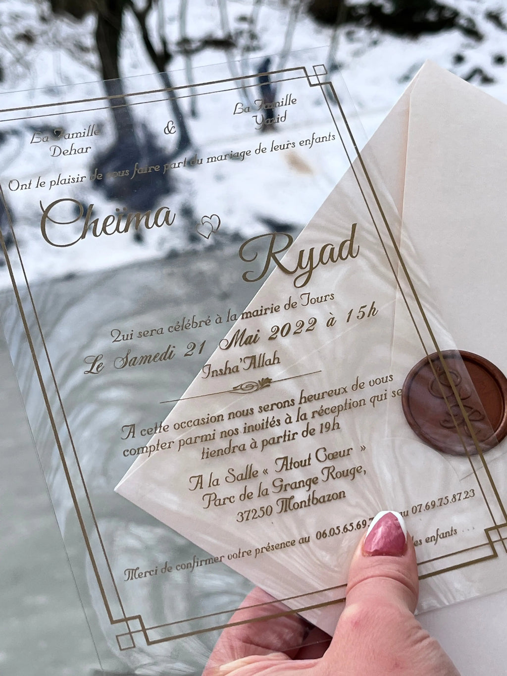 Clear Acrylic Wedding Invitation with Gold Print and Wax Seal - LunaInvites
