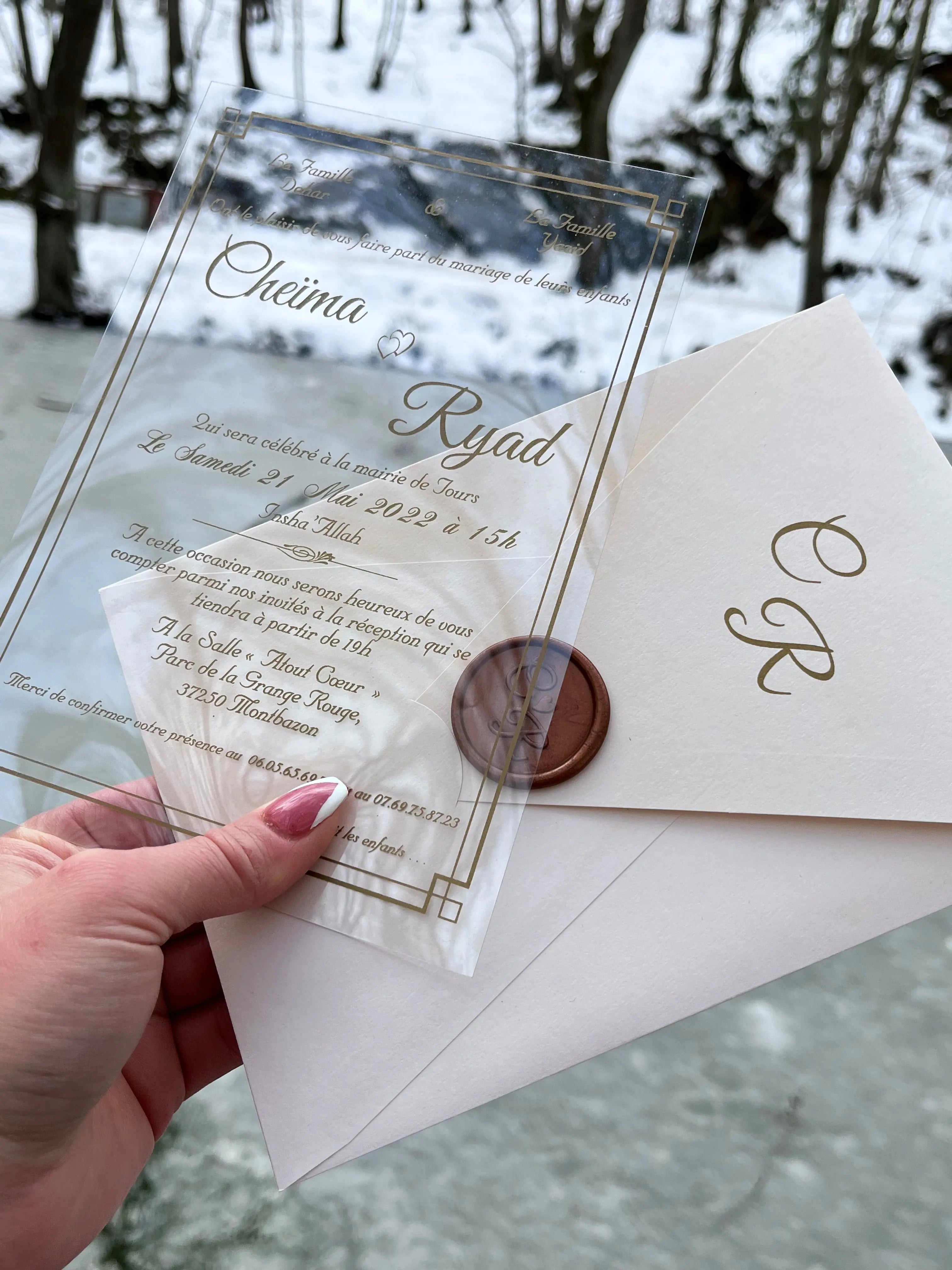 Clear Acrylic Wedding Invitation with Gold Print and Wax Seal - LunaInvites