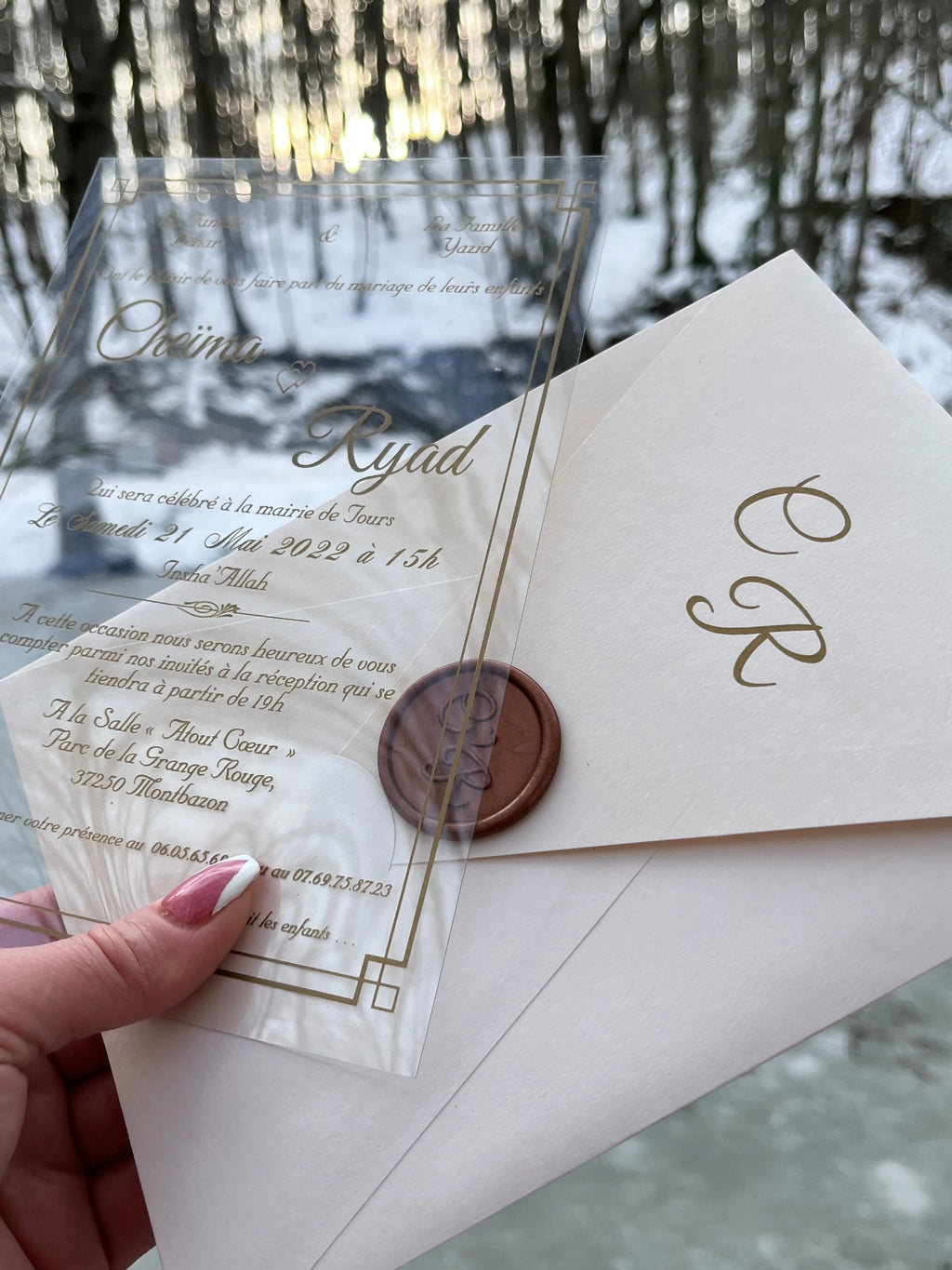 Clear Acrylic Wedding Invitation with Gold Print and Wax Seal - LunaInvites