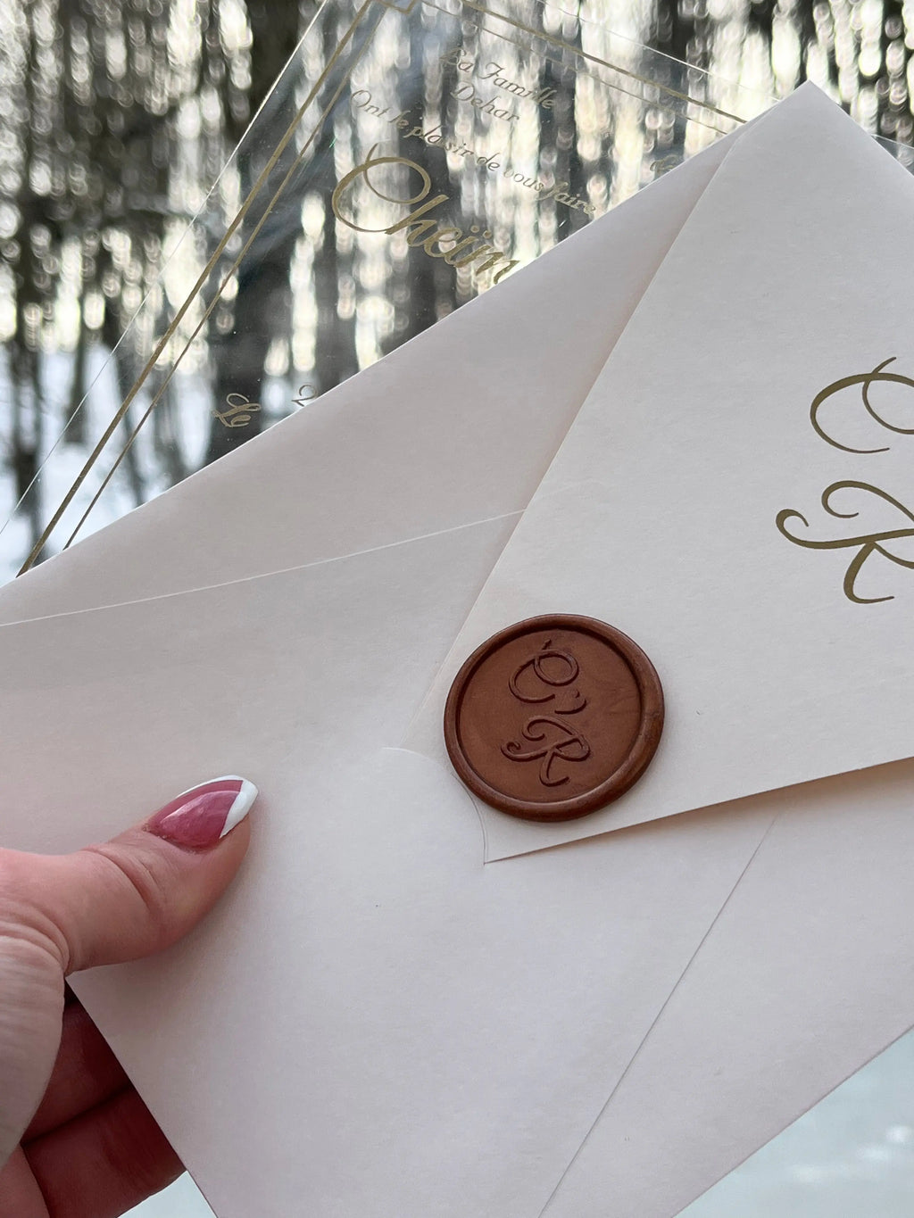 Clear Acrylic Wedding Invitation with Gold Print and Wax Seal LunaInvites