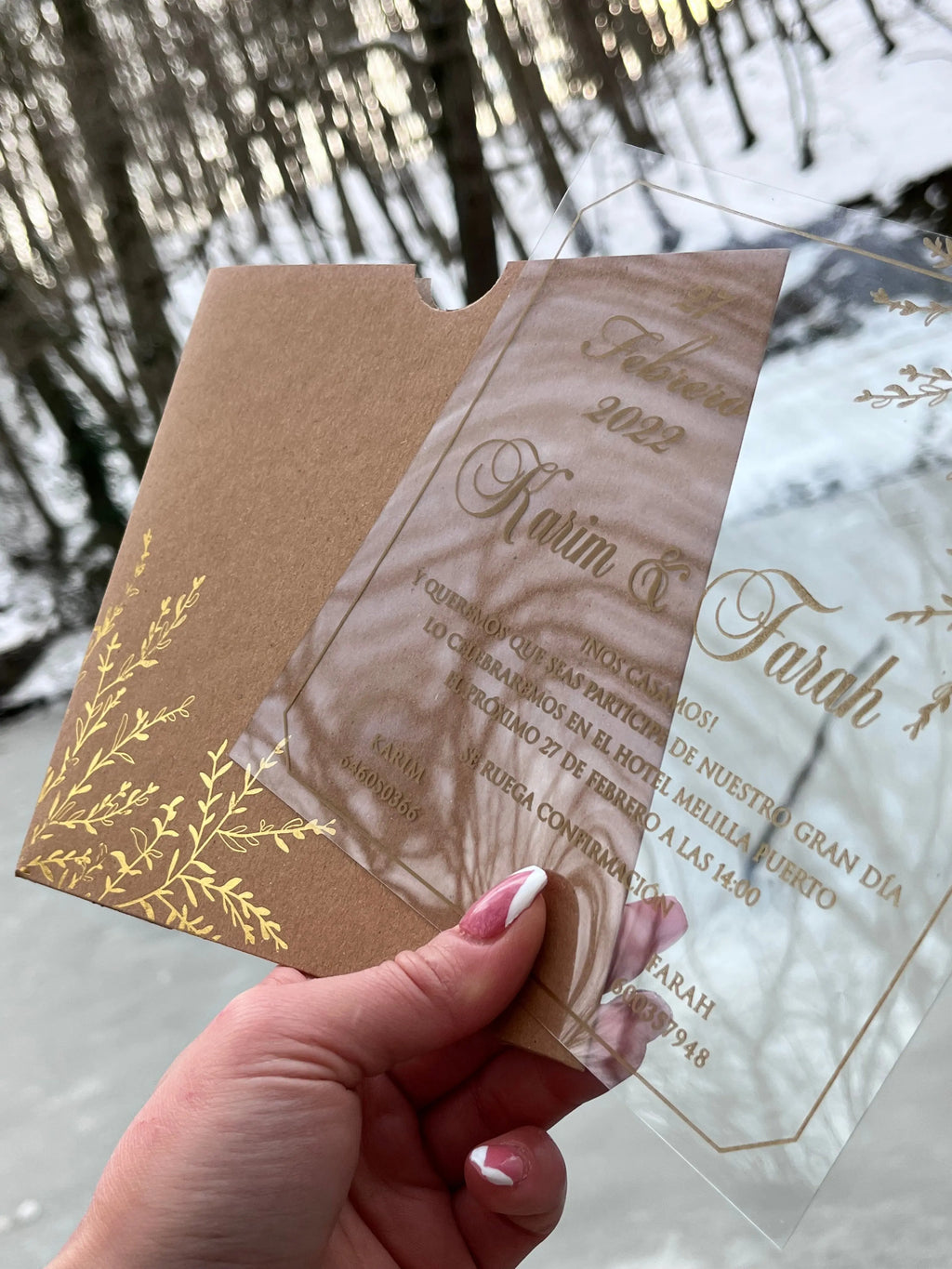 Acrylic Wedding Invitations with Gold Print and Kraft Envelope LunaInvites