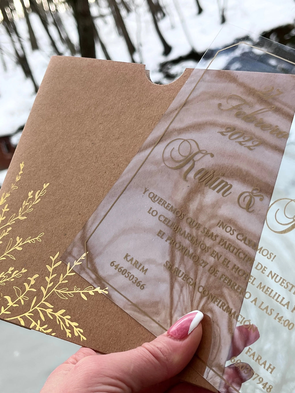 Acrylic Wedding Invitations with Gold Print and Kraft Envelope LunaInvites