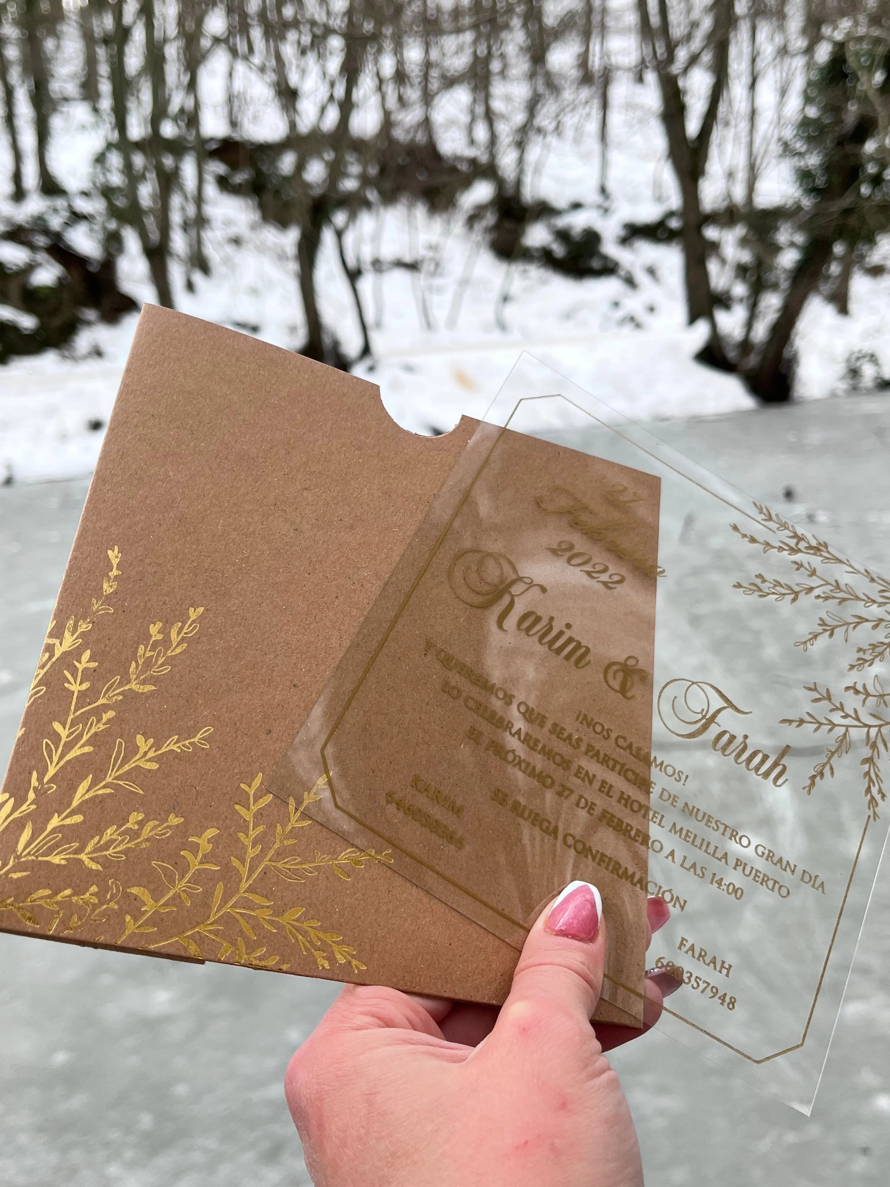 Acrylic Wedding Invitations with Gold Print and Kraft Envelope LunaInvites