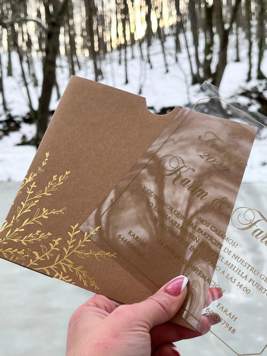 Acrylic Wedding Invitations with Gold Print and Kraft Envelope LunaInvites