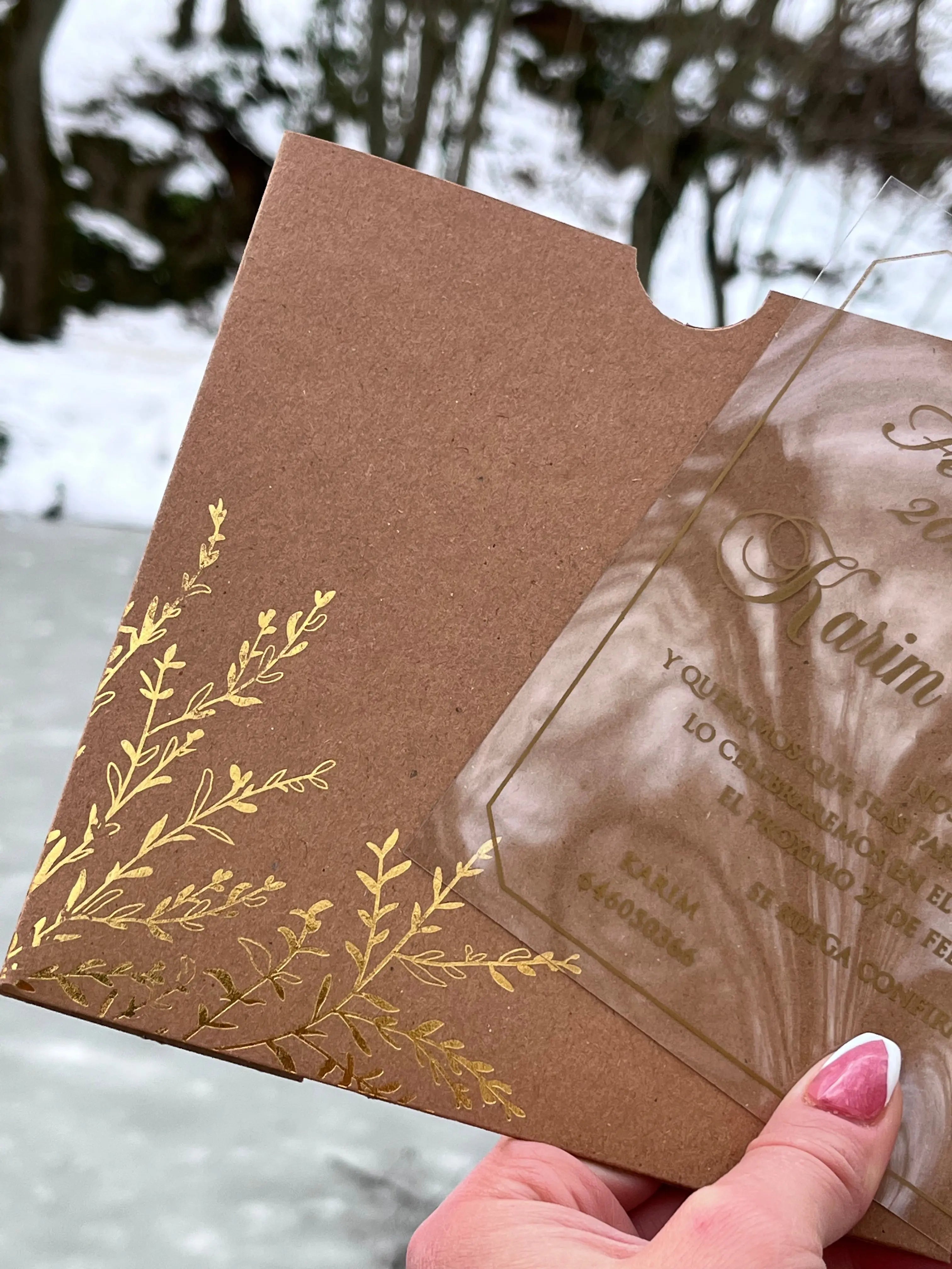 Acrylic Wedding Invitations with Gold Print and Kraft Envelope LunaInvites