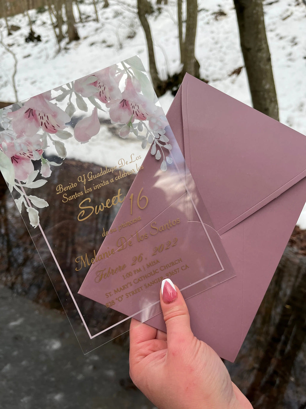 Sweet 16 Invitations with Clear Acrylic Card and Blush Envelope LunaInvites