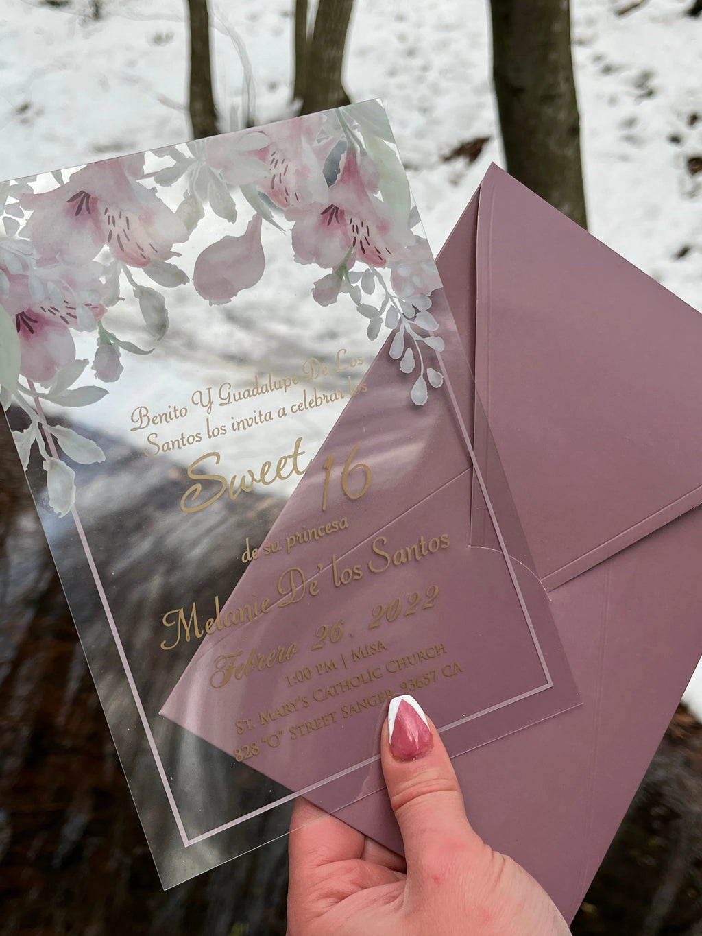 Sweet 16 Invitations with Clear Acrylic Card and Blush Envelope LunaInvites