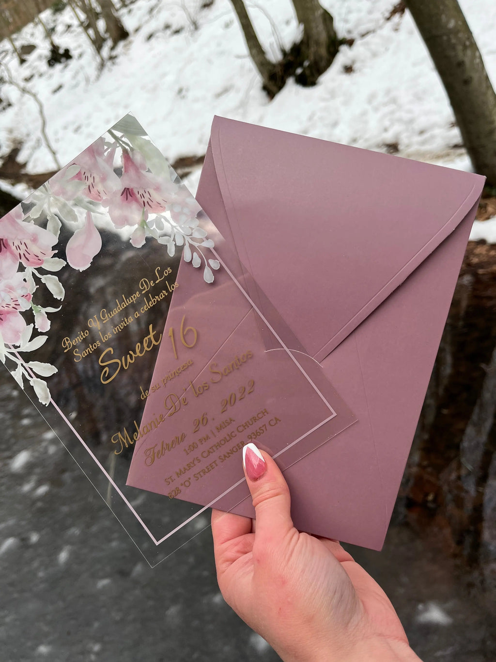 Sweet 16 Invitations with Clear Acrylic Card and Blush Envelope LunaInvites