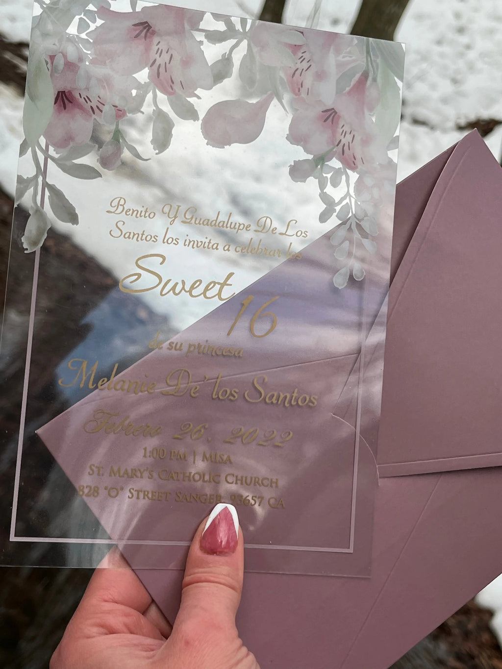 Sweet 16 Invitations with Clear Acrylic Card and Blush Envelope LunaInvites