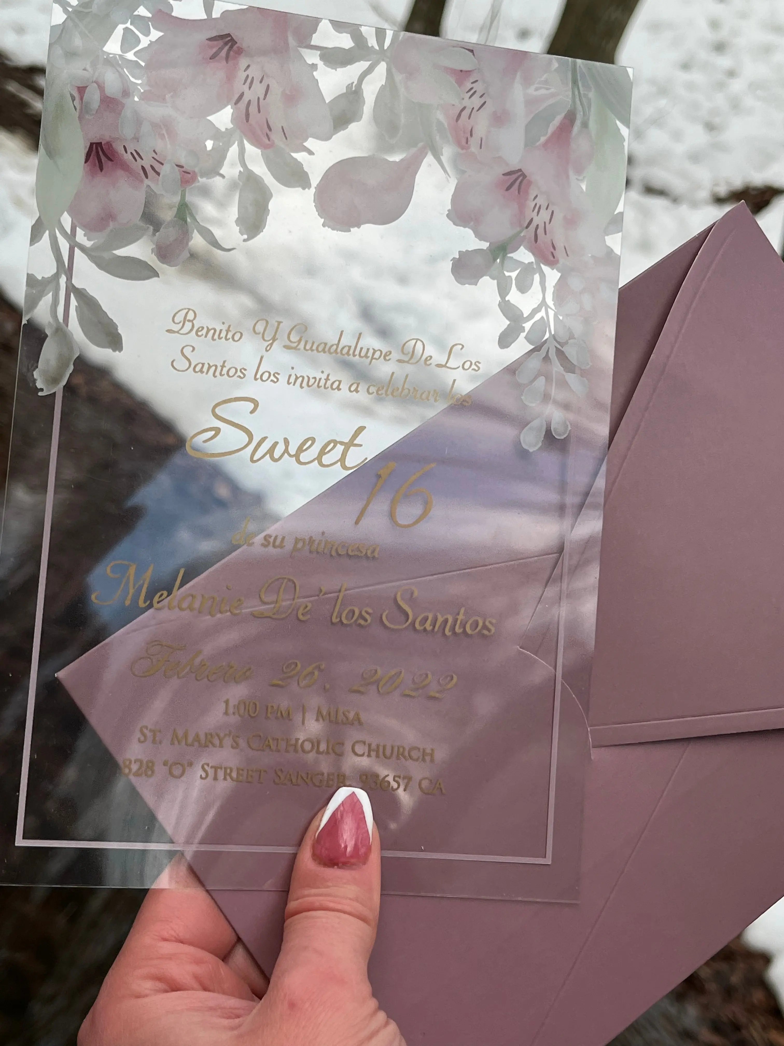 Sweet 16 Invitations with Clear Acrylic Card and Blush Envelope LunaInvites